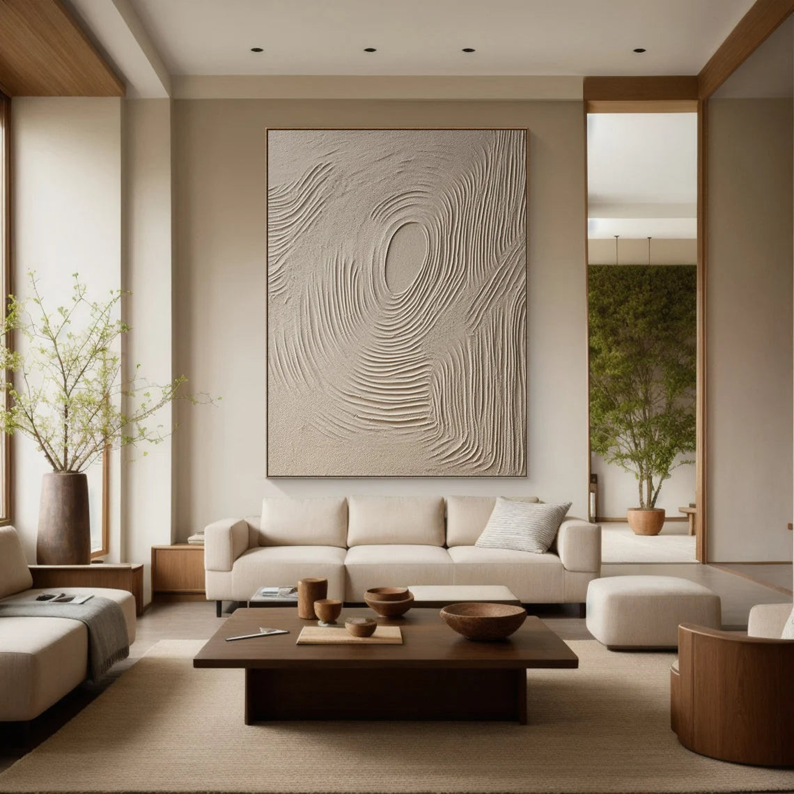 Zen Ripple – Hand-Painted Minimalist Beige Circular Line Relief Wabi-Sabi Painting | Japandi Organic Wabi-Sabi Living Room & Hallway Art