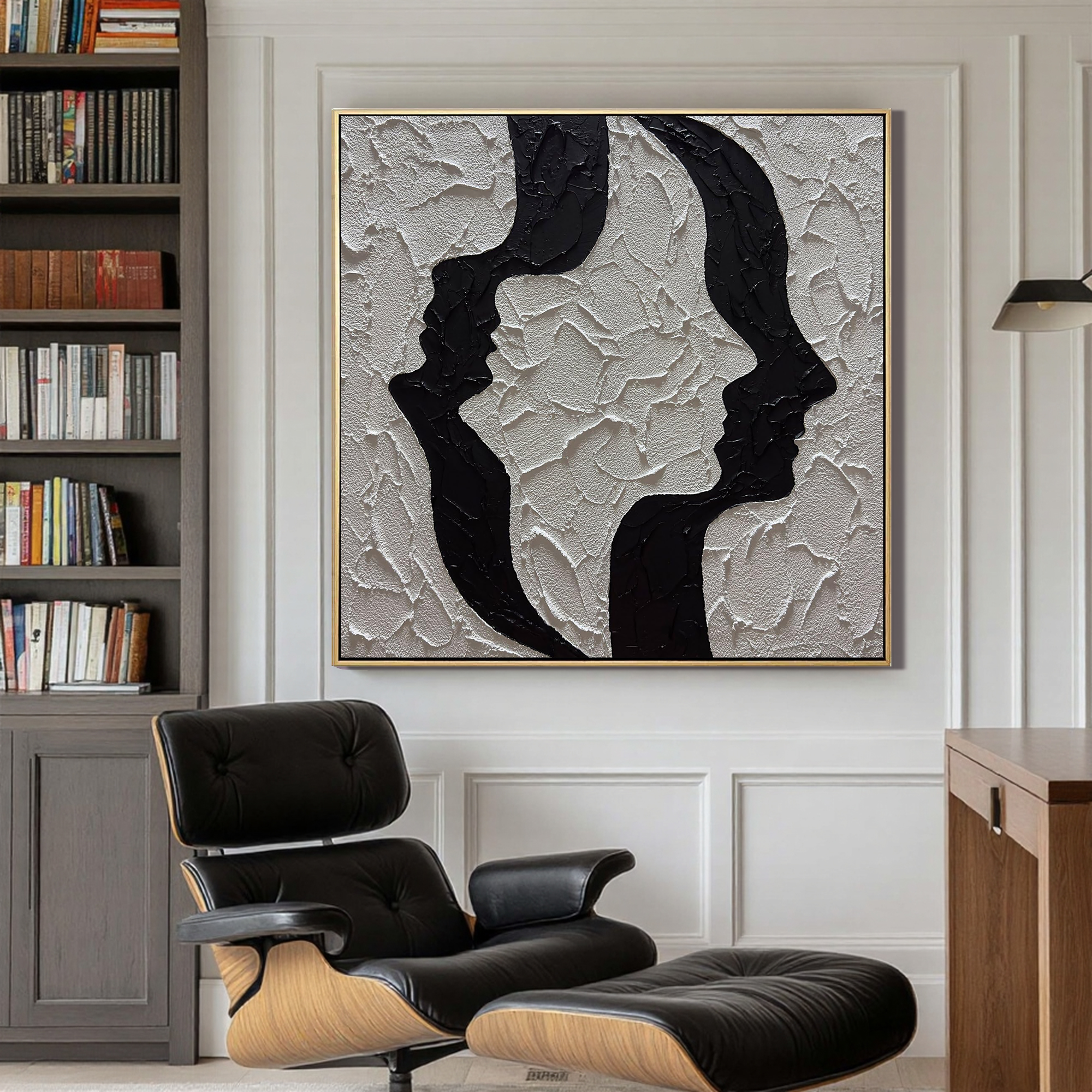 TWIN SOULS: Abstract Wall Art, Hand-Painted Black and White Face Silhouette 3D Plaster Effect Heavy Texture Canvas Painting
