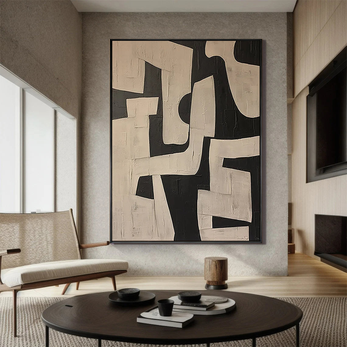 Earthen Relic – Hand-Painted Distressed Beige and Black Wabi-Sabi Painting | Japandi Organic Wabi-Sabi Living Room & Hallway Art