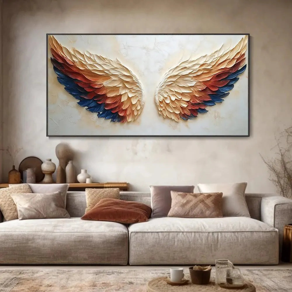 CELESTIAL WINGS: Texture Wall Art, Hand-Painted Navy Blue and Terracotta Angel Wings 3D Relief Plaster Studio Art