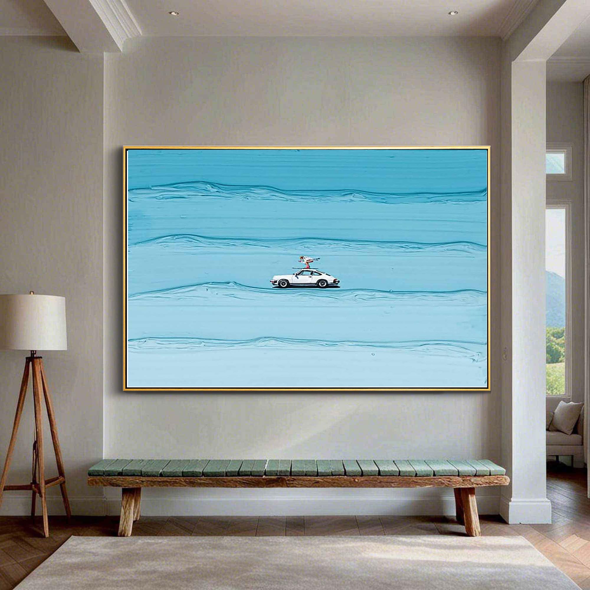 Surf Rider – Hand-Painted Creative White Car on Blue Ocean Wave Palett