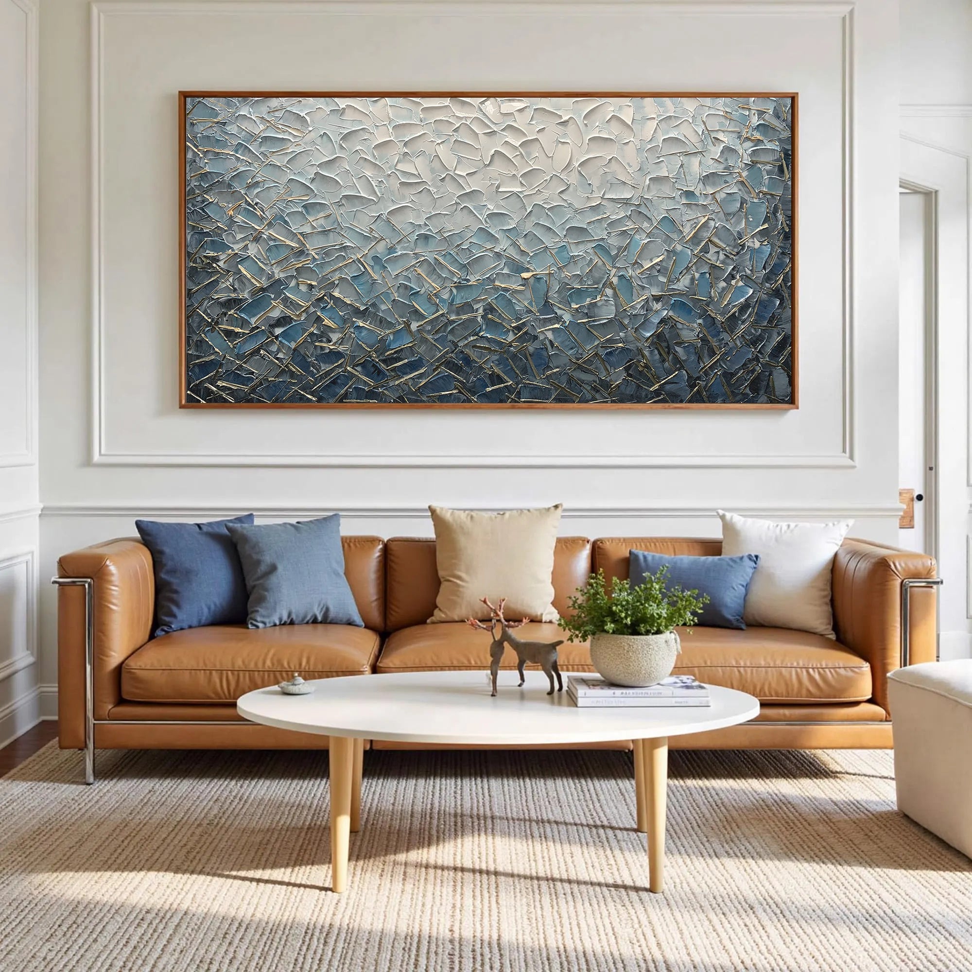 Azure Weave – Modern Blue and Silver Plaster Abstract Painting | Modern Abstract Living Room & Office Art