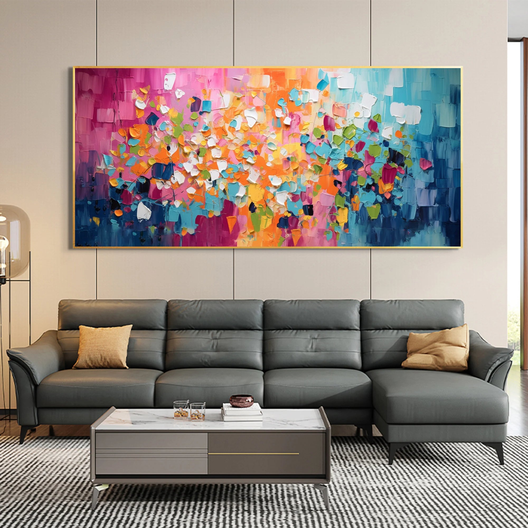 Vibrant Mosaic – Hand-Painted Multicolored Geometric Palette Knife 3D Abstract Painting | Bold Abstract Palette Knife Living Room Art