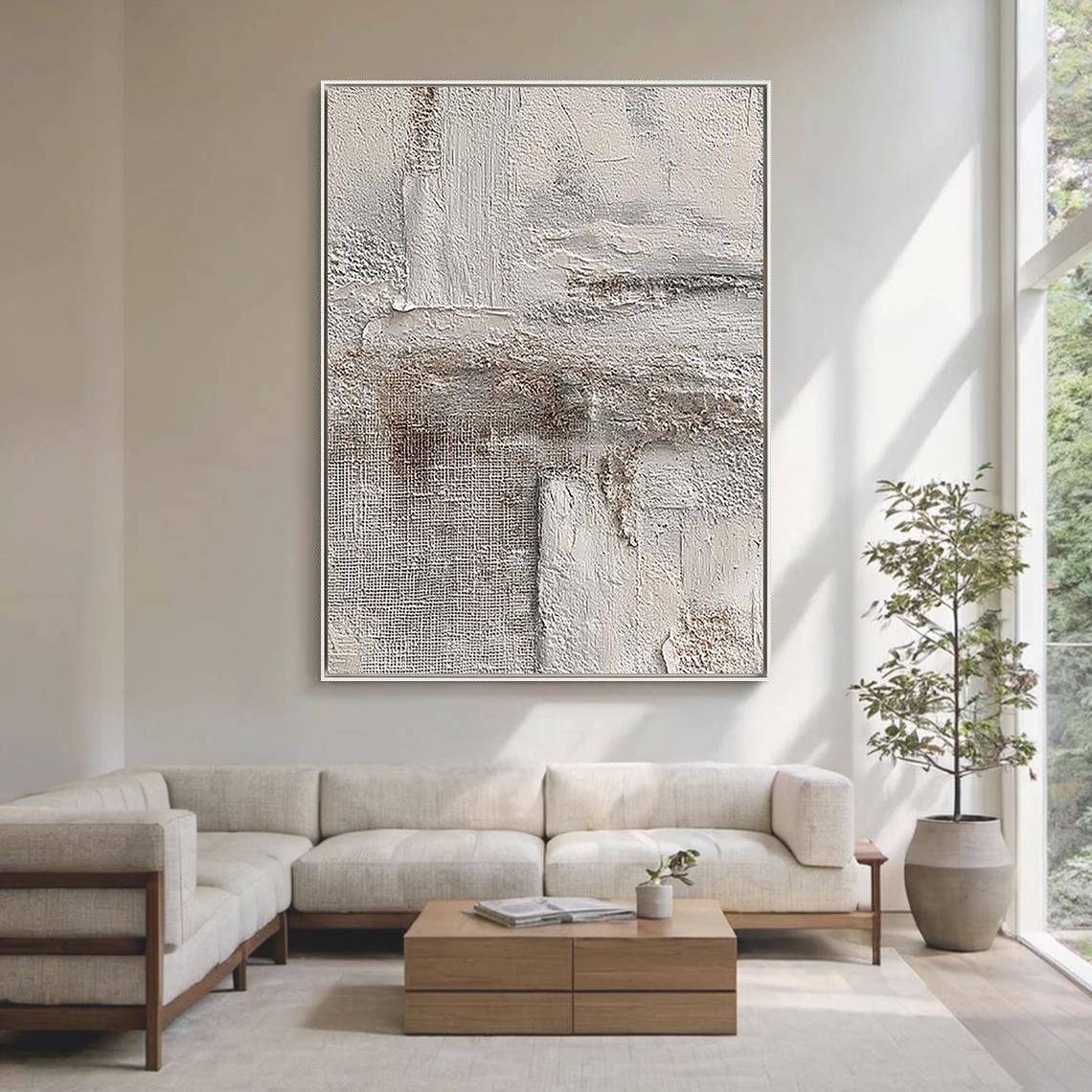 Ancient Echo – Hand-Painted Distressed Beige Plaster Effect Wabi-Sabi Painting | Japandi Organic Wabi-Sabi Living Room & Hallway Art