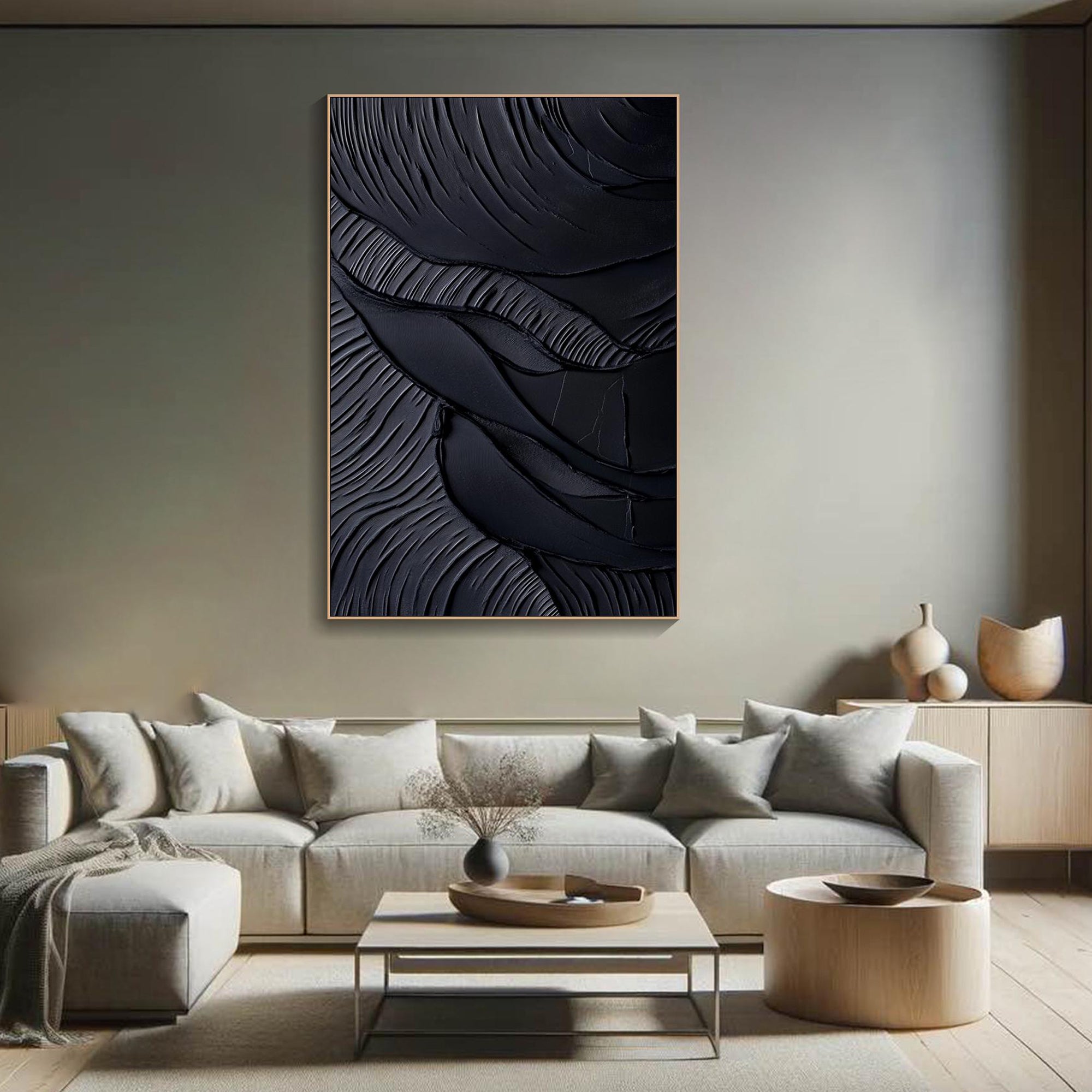 Obsidian Waves – Hand-Painted Pure Black Plaster Effect 3D Relief Wabi-Sabi Painting | Modern Noir Wabi-Sabi Living Room & Home Office Art
