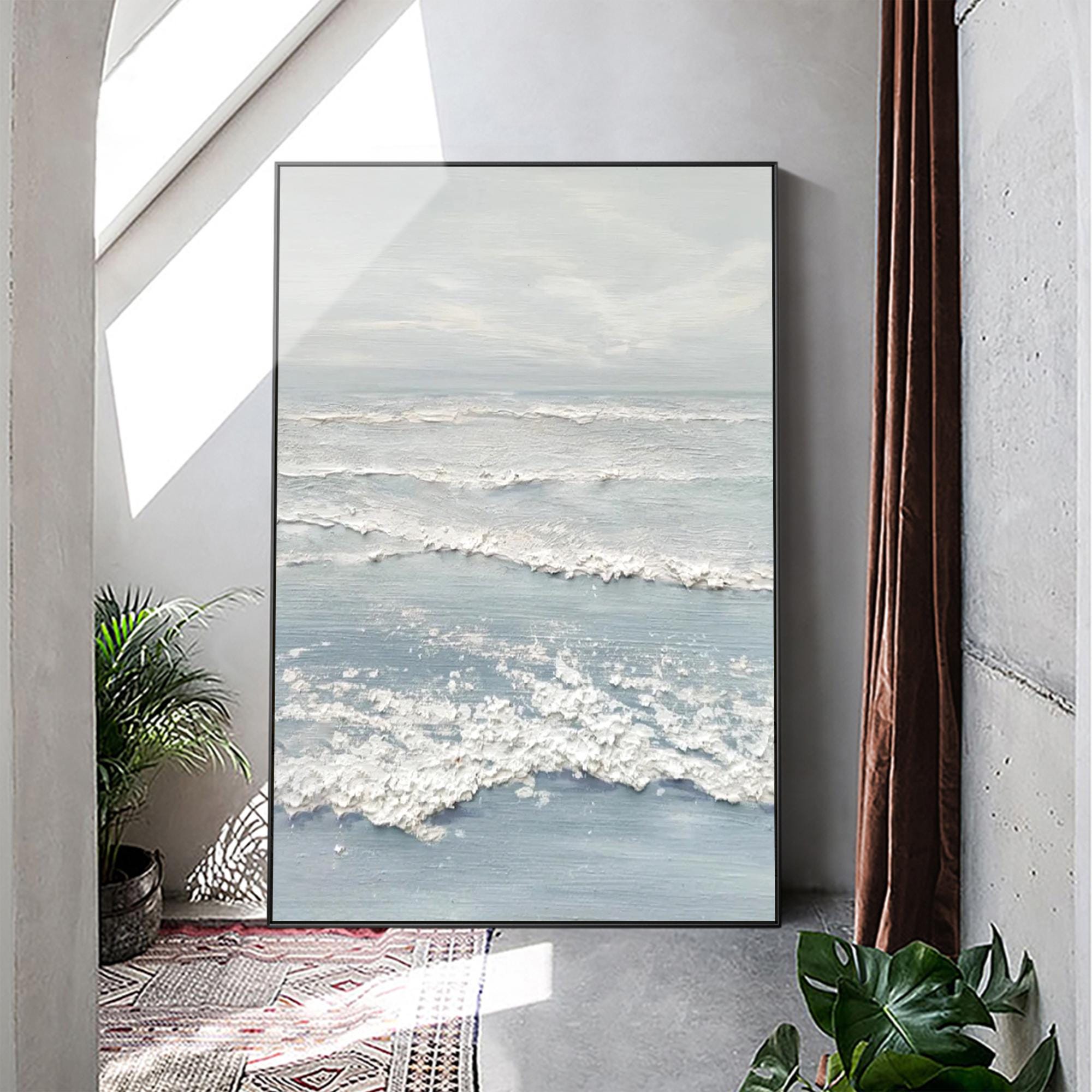 Ocean Mist – Hand-Painted Pale Blue 3D Impasto Wave Seascape Painting | Coastal Modern Living Room & Bedroom Art