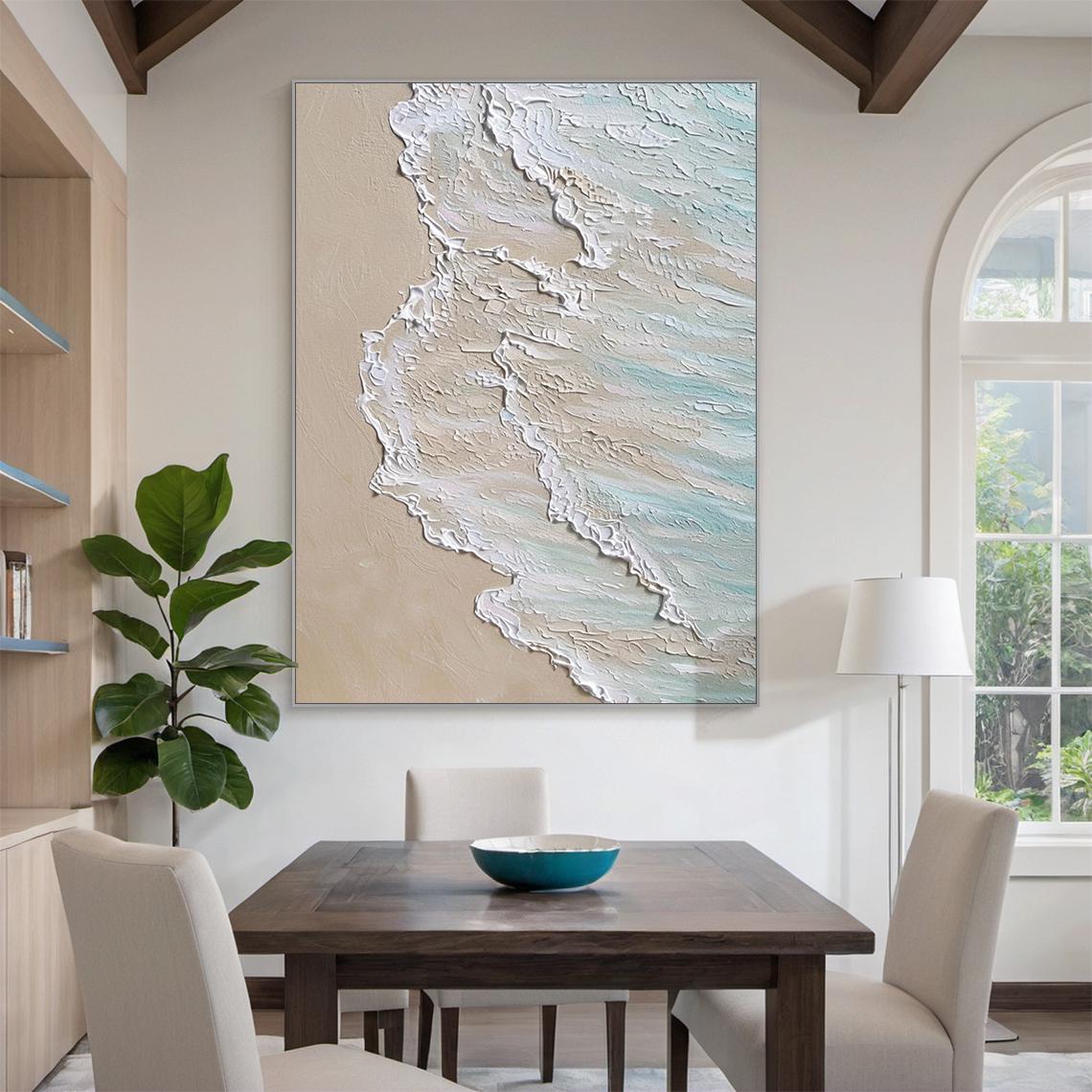 Shoreline Drift – Hand-Painted Ocean Wave Sea Foam 3D Relief Seascape Painting | Coastal Modern Living Room & Bedroom Art
