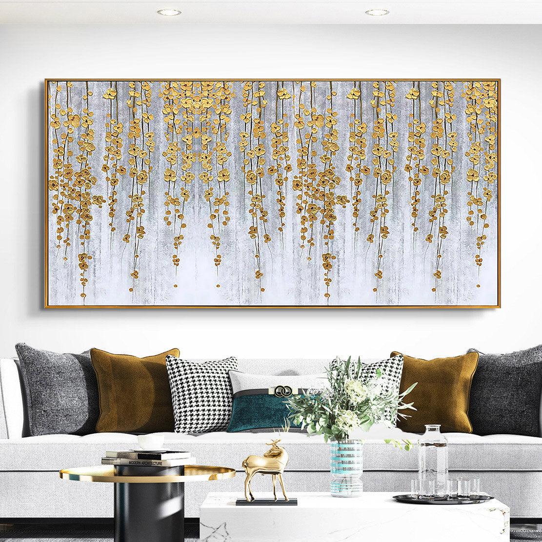 Golden Cascade – Luxury Gold Foil Hanging Vine Style Hand-Painted Floral Painting | Modern Luxury Botanical Bedroom & Living Room Art