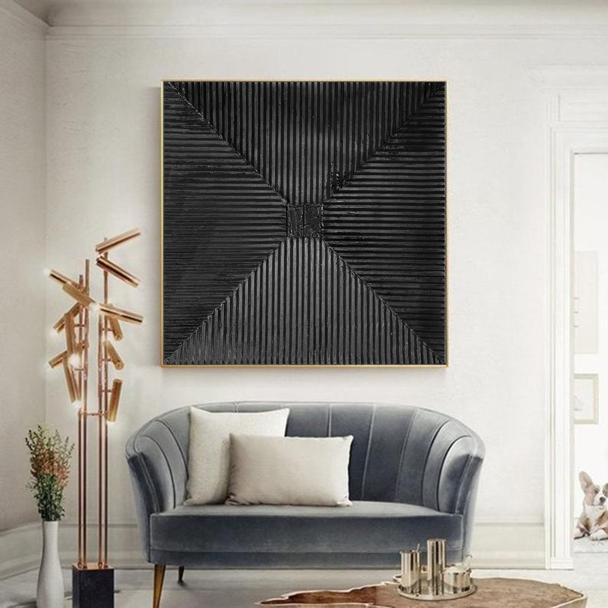 Dark Radiance – Modern Wabi-Sabi Radial Relief Monochromatic Minimalist Painting | Japandi Wabi-Sabi Living Room & Bedroom Art