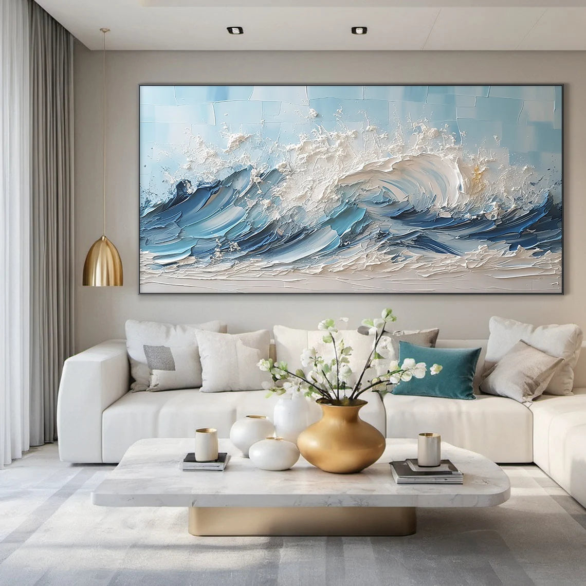Azure Rage – Hand-Painted Deep Blue Ocean Wave 3D Plaster Effect Seascape Painting | Coastal Modern Living Room & Bedroom Art