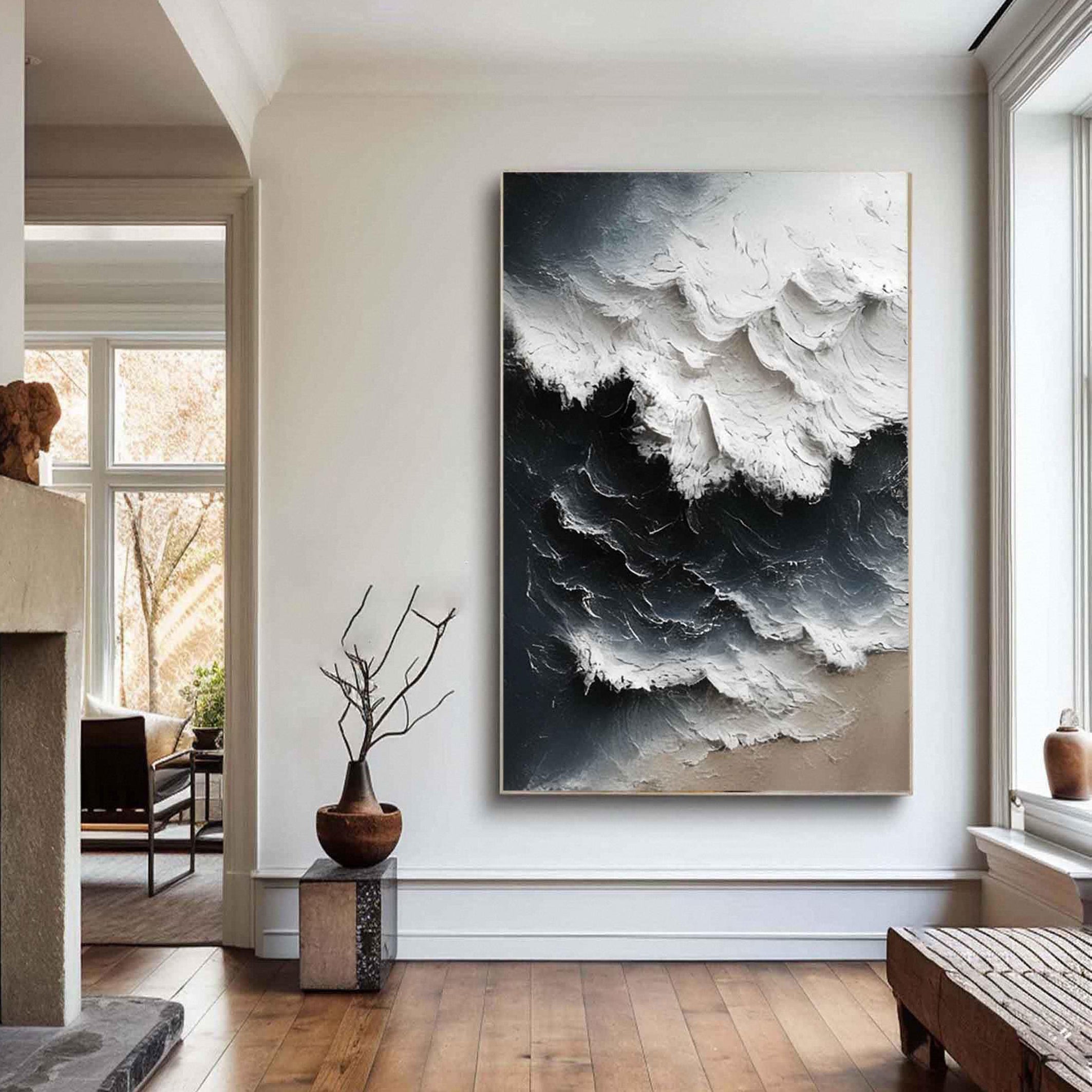 Arctic Surge – Hand-Painted Deep Navy and White Sea Foam 3D Nature Painting | Coastal Modern Living Room & Bedroom Art