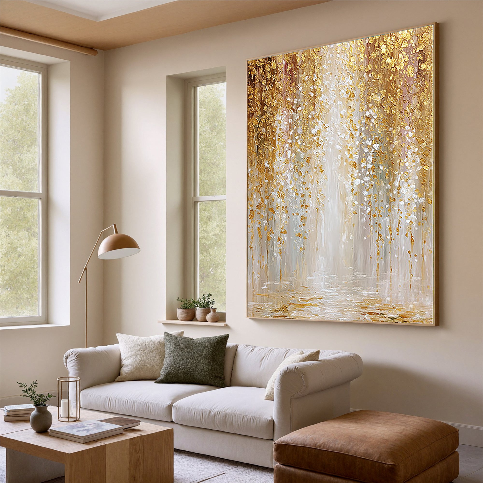 Gilded Rain – Modern Abstract Gold Leaf Waterfall Painting | Luxury Heavy Impasto Dining Room Art