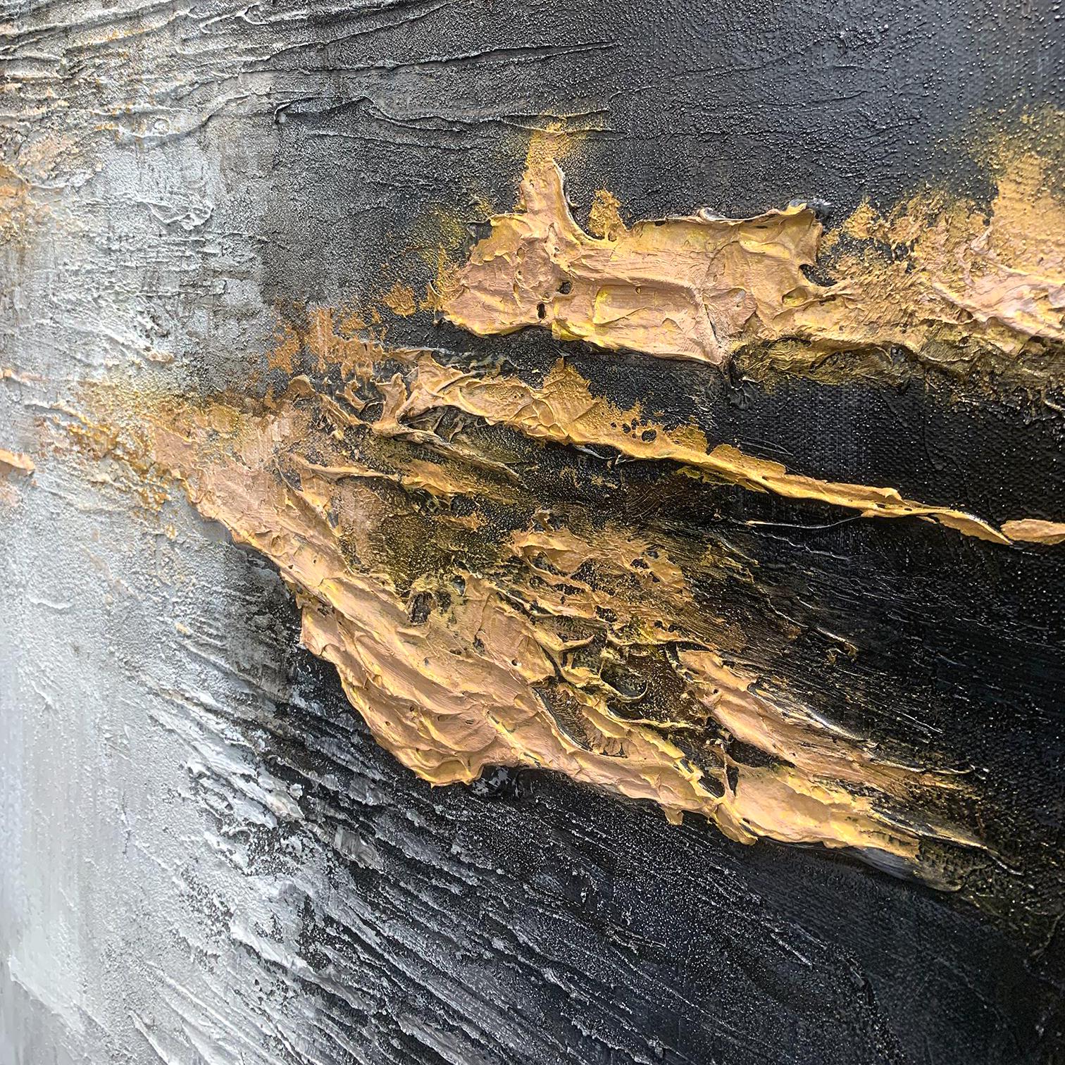 Onyx Rhythm – Black & Gold Plaster Relief Abstract Texture Painting | Modern Abstract Living Room & Office Art