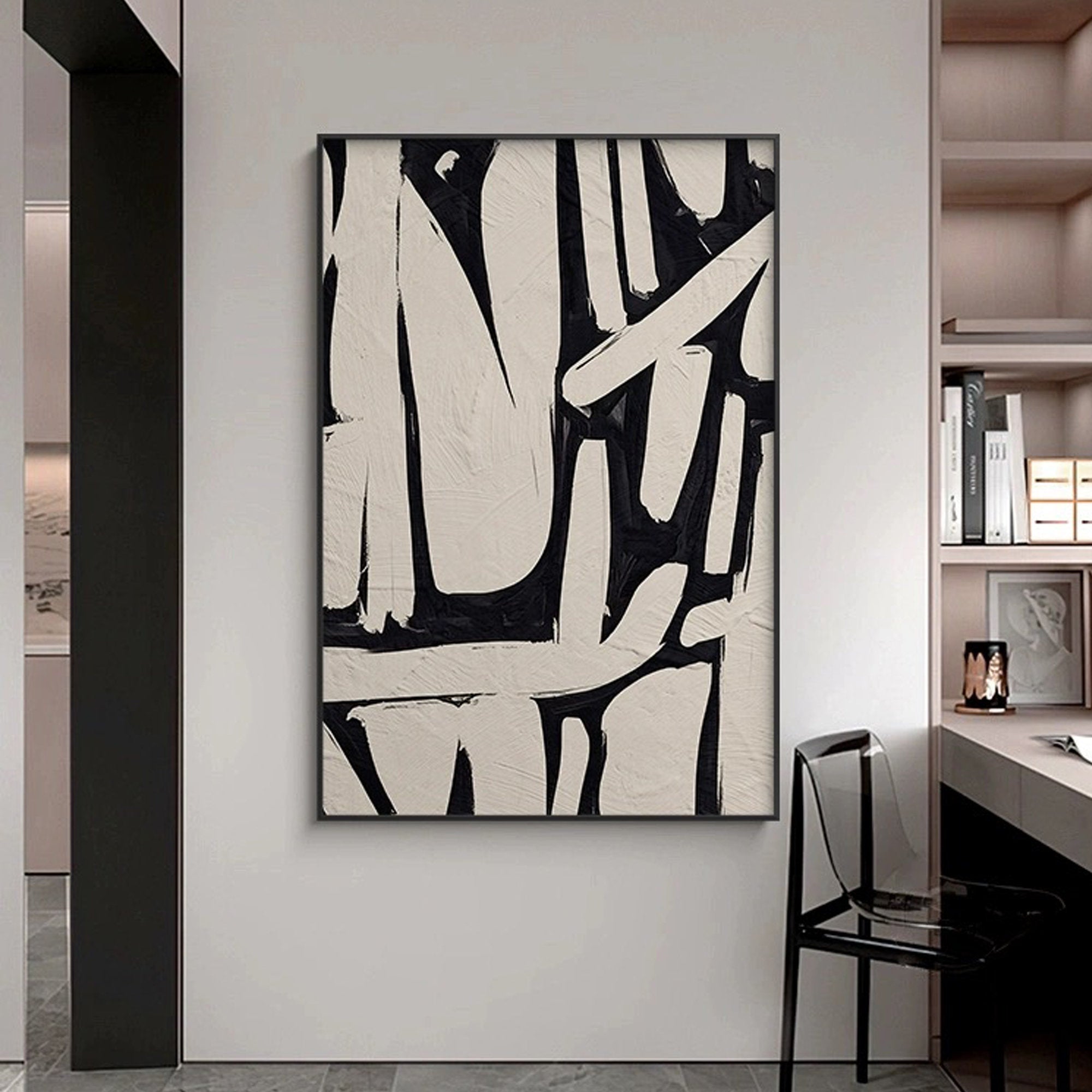 MONOCHROME TRACE: Wabi-Sabi Wall Art, Hand-Painted Black and Beige Palette Knife 3D Heavy Texture Studio Art