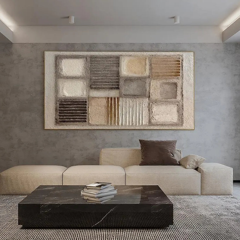 Earthen Mosaic – Modern Neutral Plaster Relief Grid Wabi-Sabi Painting | Japandi Organic Wabi-Sabi Living Room & Hallway Art