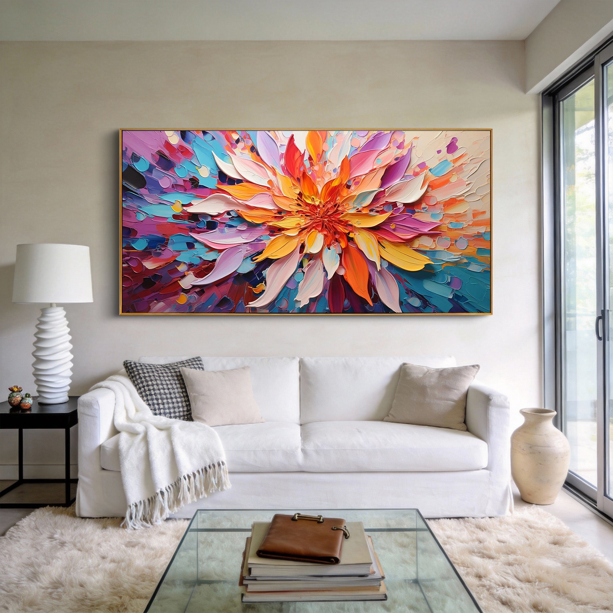 Radiant Petals – Hand-Painted Radial Palette Knife Petals Thick Floral Painting | Contemporary Botanical Bedroom & Living Room Art