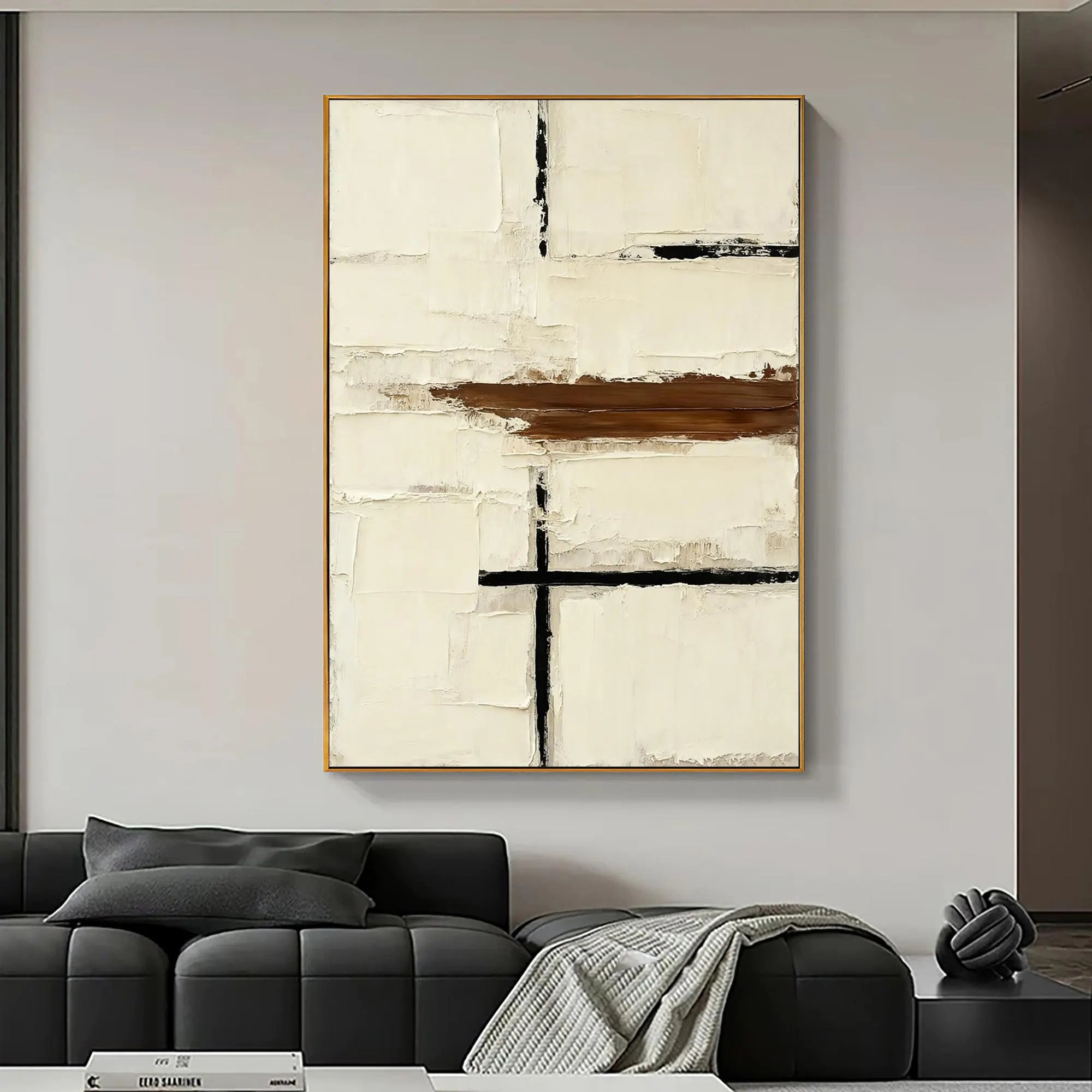 Modern Structure – Creamy White & Espresso Relief Minimalist Painting | Modern Minimalist Bedroom & Home Office Art