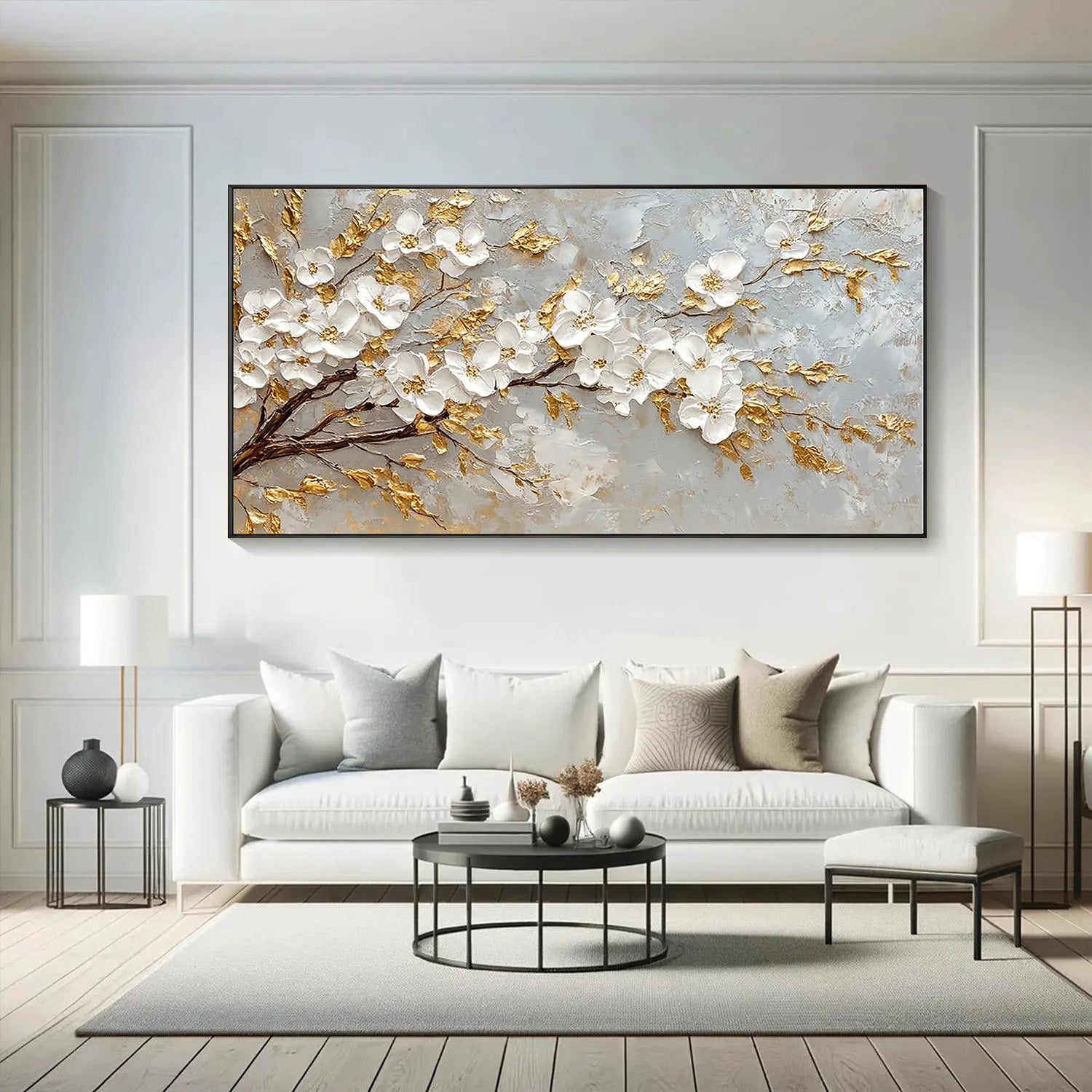 Golden Orchard – 3D Impasto White Cherry Blossom Hand-Painted Floral Painting | Modern Luxury Botanical Bedroom & Living Room Art