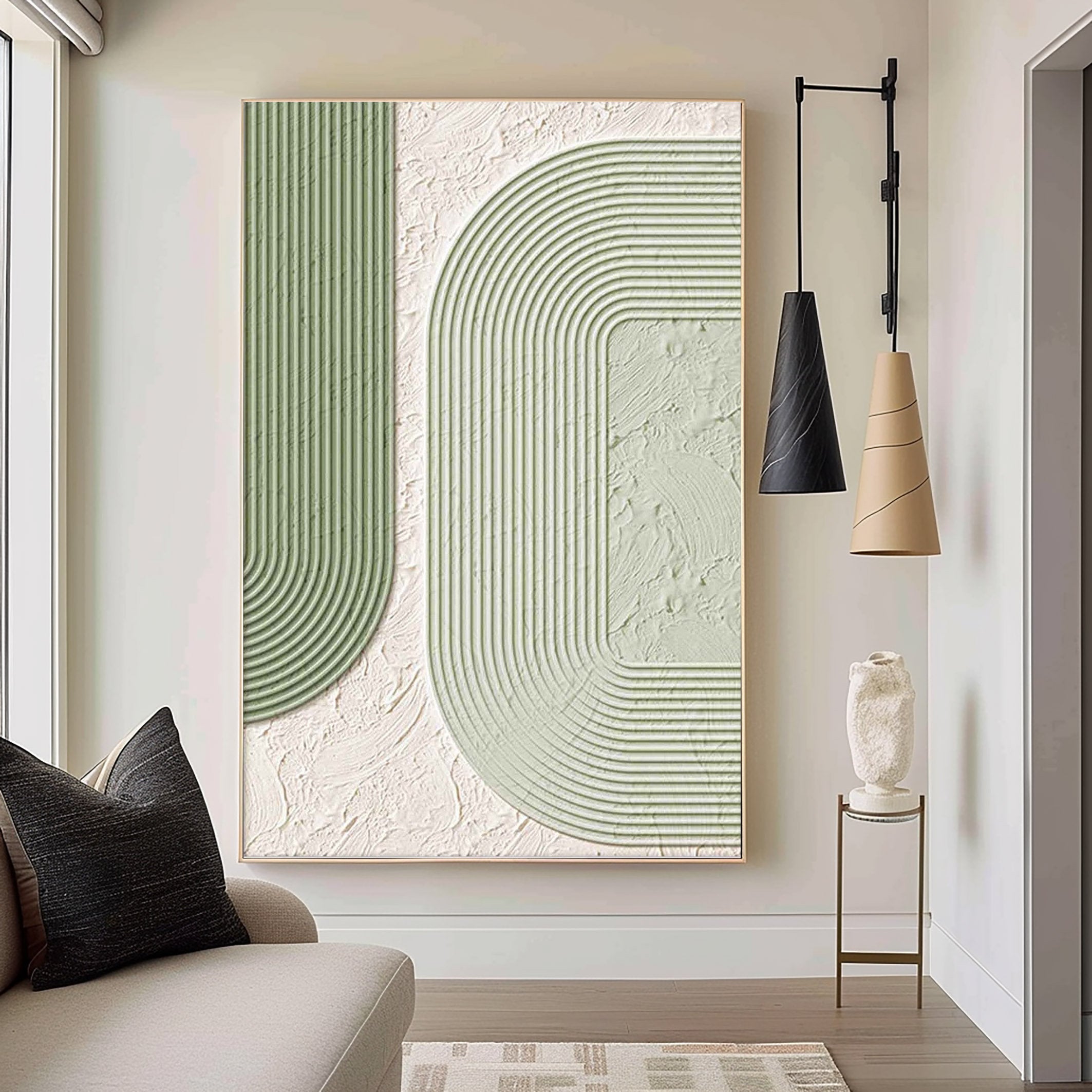 LINEAR ECHO: Modern Sculptural Line Art, Textured Sage & White Minimalist Canvas