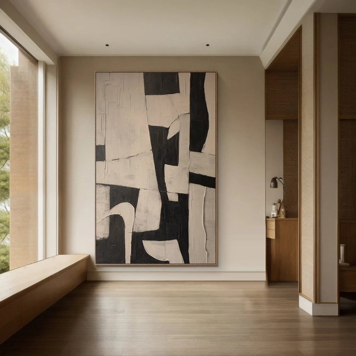 Oatmeal Structure – Hand-Painted Minimalist Oatmeal and Tan Wabi-Sabi Painting | Japandi Organic Wabi-Sabi Living Room & Hallway Art