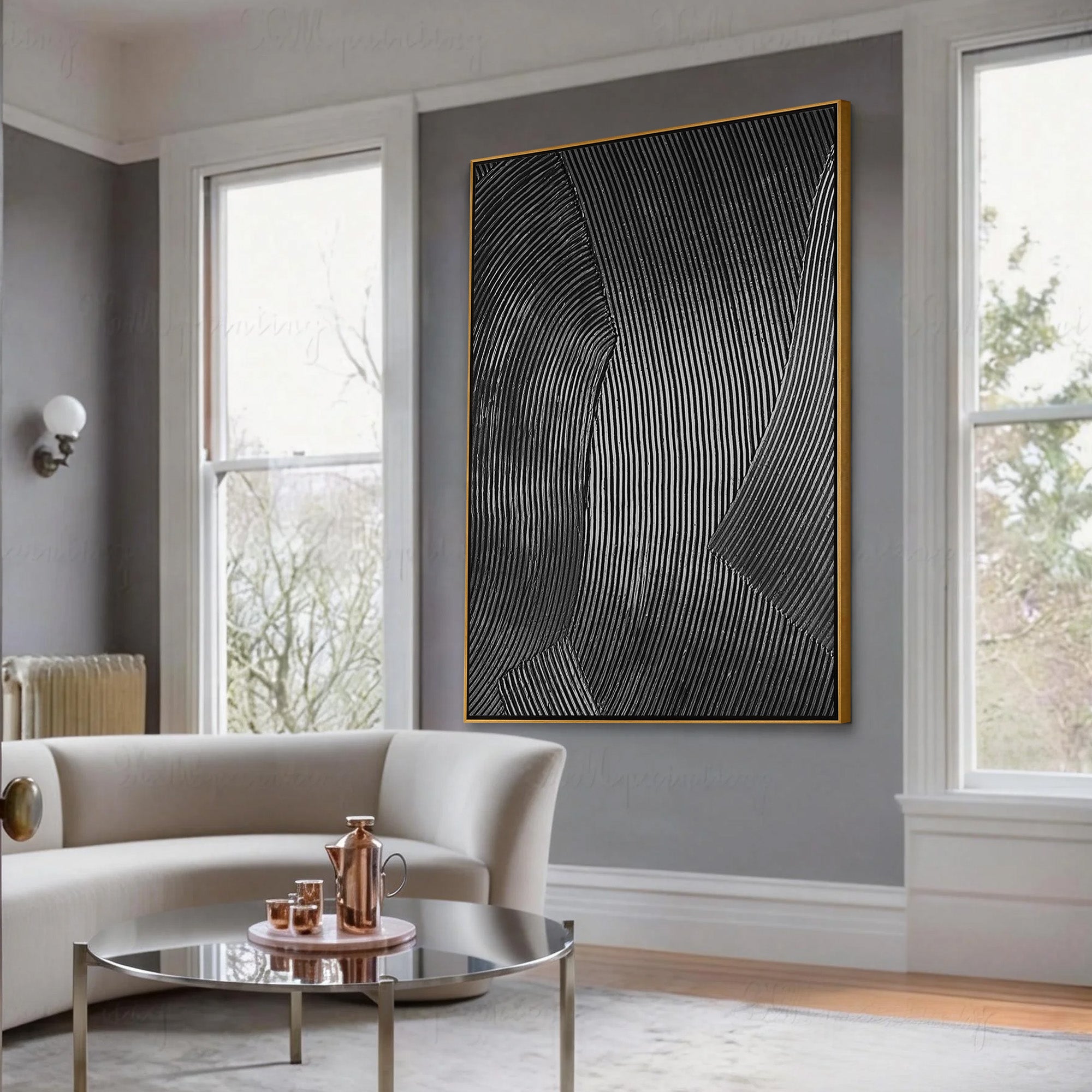 GRAVITY LINE: Texture Wall Art, Hand-Painted Black Linear Plaster Relief 3D Heavy Texture Canvas Art