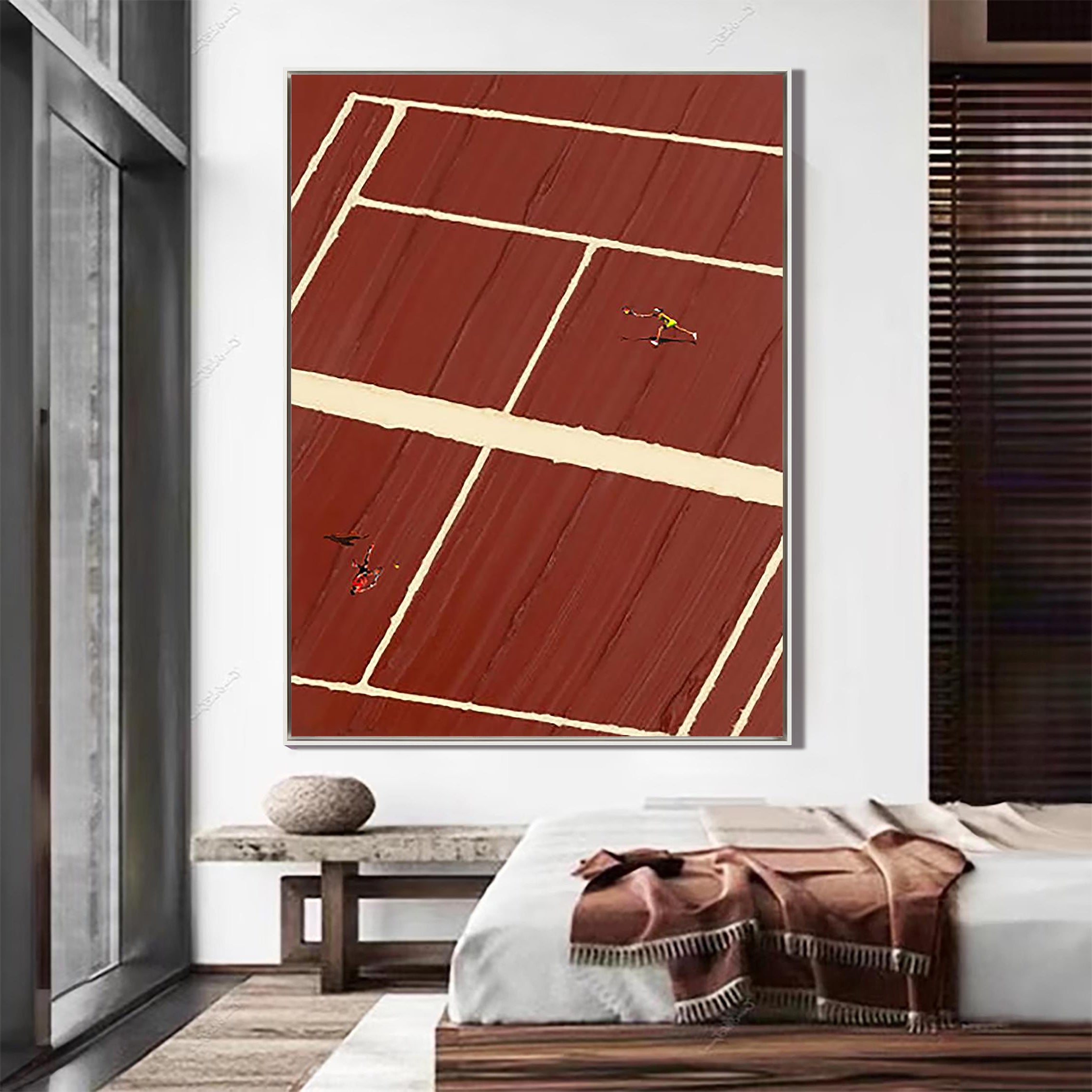 Clay Court – Minimalist Red Clay Tennis Court Hand-Painted Geometric Sport Painting | Contemporary Sport Home Office & Living Room Art