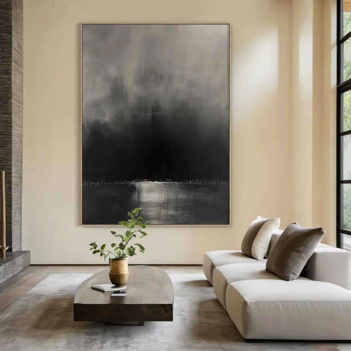 MYSTIC VOID: Minimalist Wall Art, Hand-Painted Charcoal Black and Grey Mist 3D Heavy Texture Plaster Effect Studio Art
