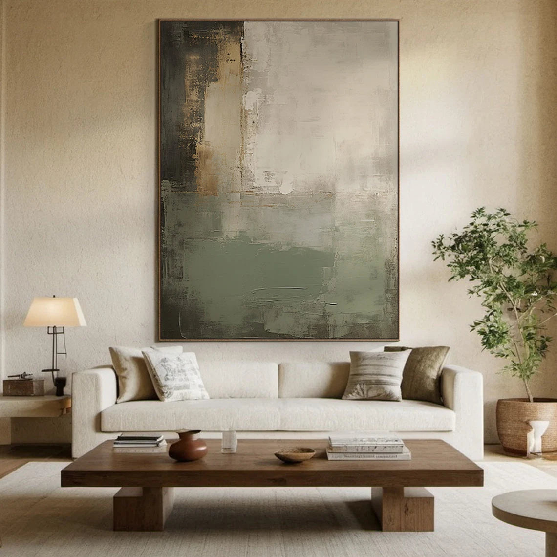 Olive Strata – Hand-Painted Military Green Distressed Plaster Effect Abstract Painting | Japandi Wabi-Sabi Living Room & Bedroom Art