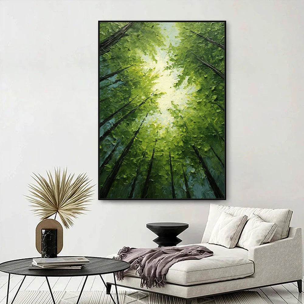 Emerald Canopy – Hand-Painted Worm's-Eye View Green Tree Sunlight Palette Knife Forest Painting | Contemporary Landscape Living Room & Dining Room Art