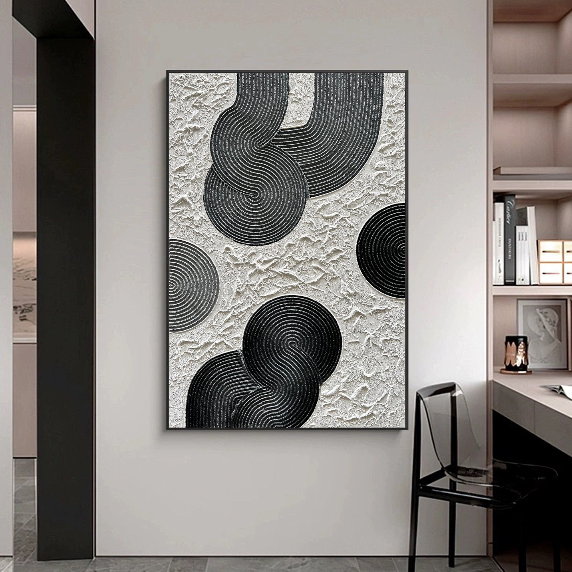Zen Circles – Minimalist Black & White Sculptural Wabi-Sabi Painting | Modern Noir Wabi-Sabi Living Room & Home Office Art