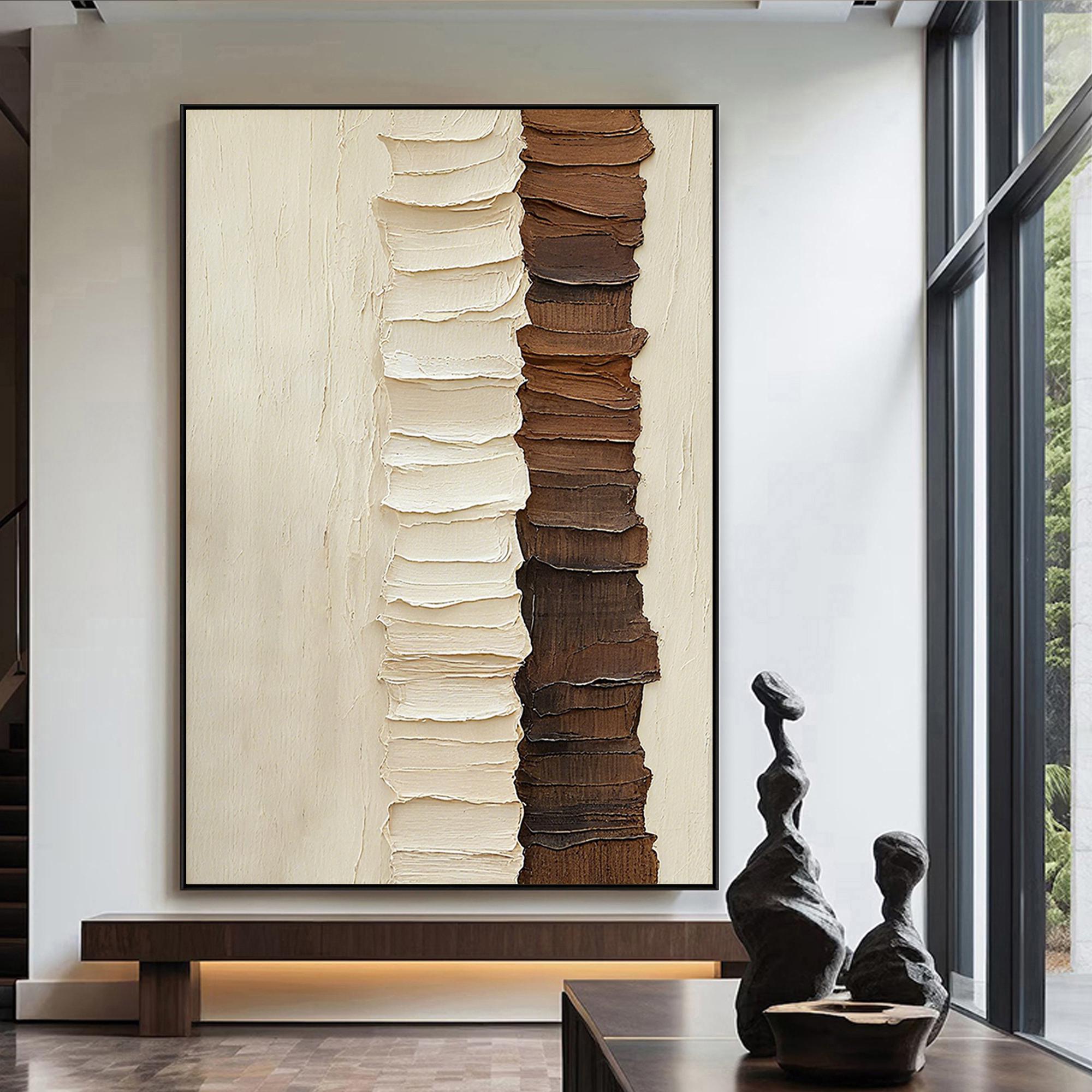 Vertical Ridge – Cream & Chocolate Palette Knife Relief Abstract Painting | Modern Abstract Living Room & Office Art