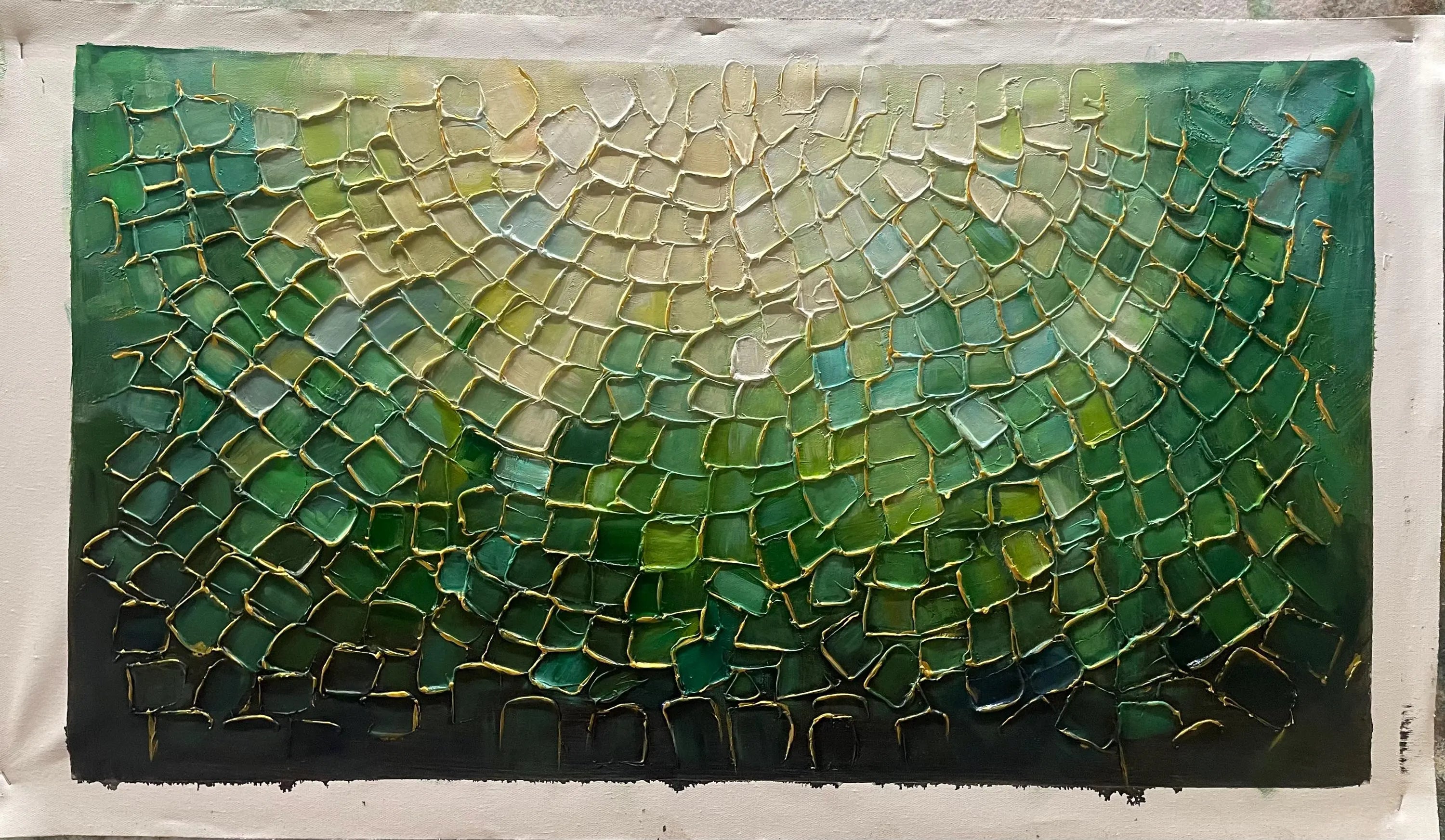 Emerald Scales – Modern Impasto Mosaic Abstract Painting | Luxury Gilded Teal Panorama Living Room Art