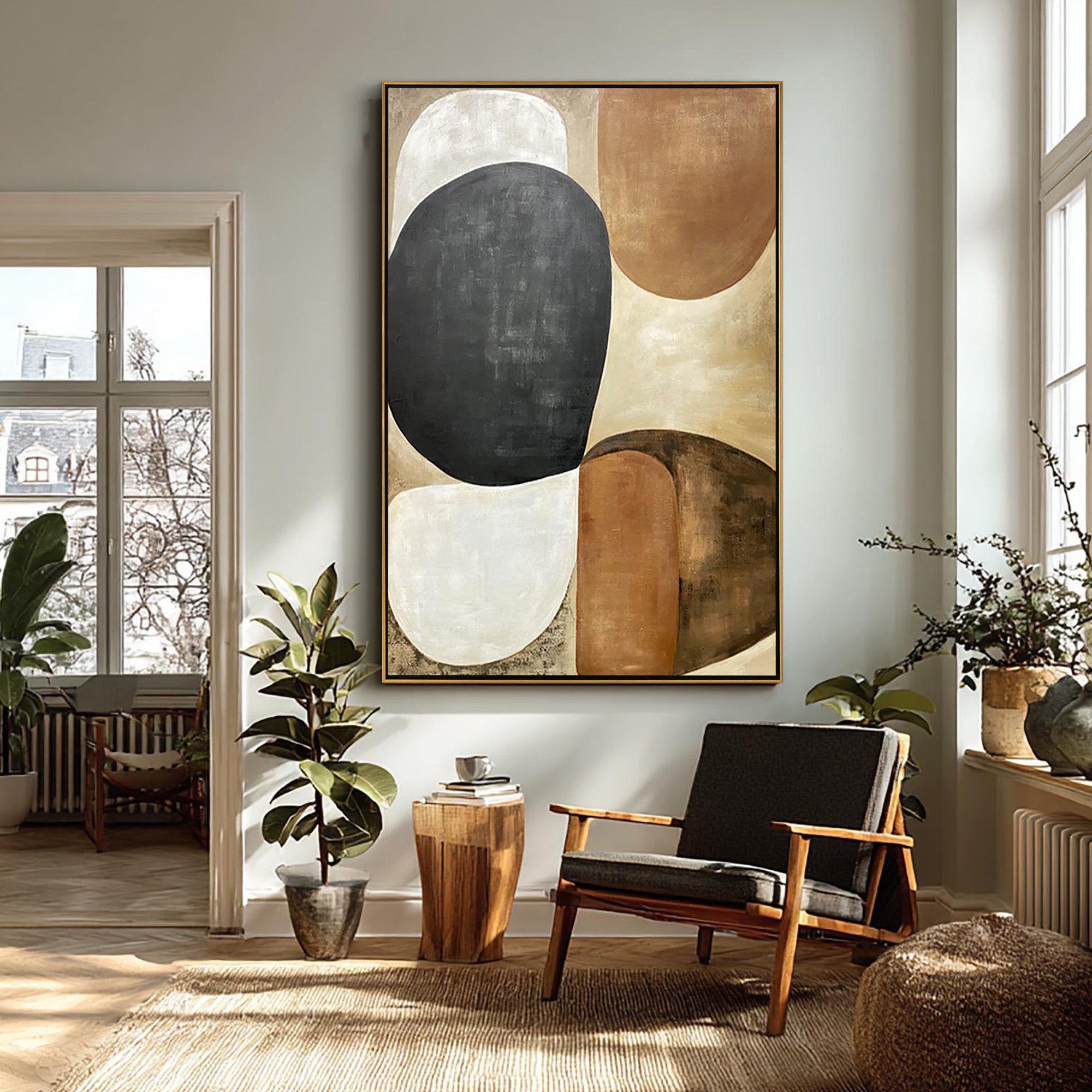 Earthen Echo – Organic Pebble Shapes in Terracotta & Slate Abstract Painting | Japandi Organic Wabi-Sabi Living Room & Hallway Art
