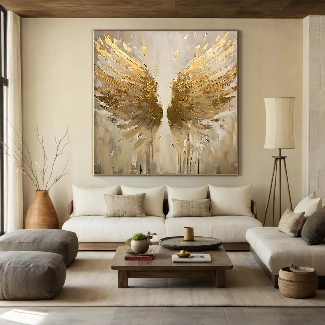 Seraphim Wings – Modern Luxury Gold Impasto Abstract Painting | High-End Textured Hallway Art