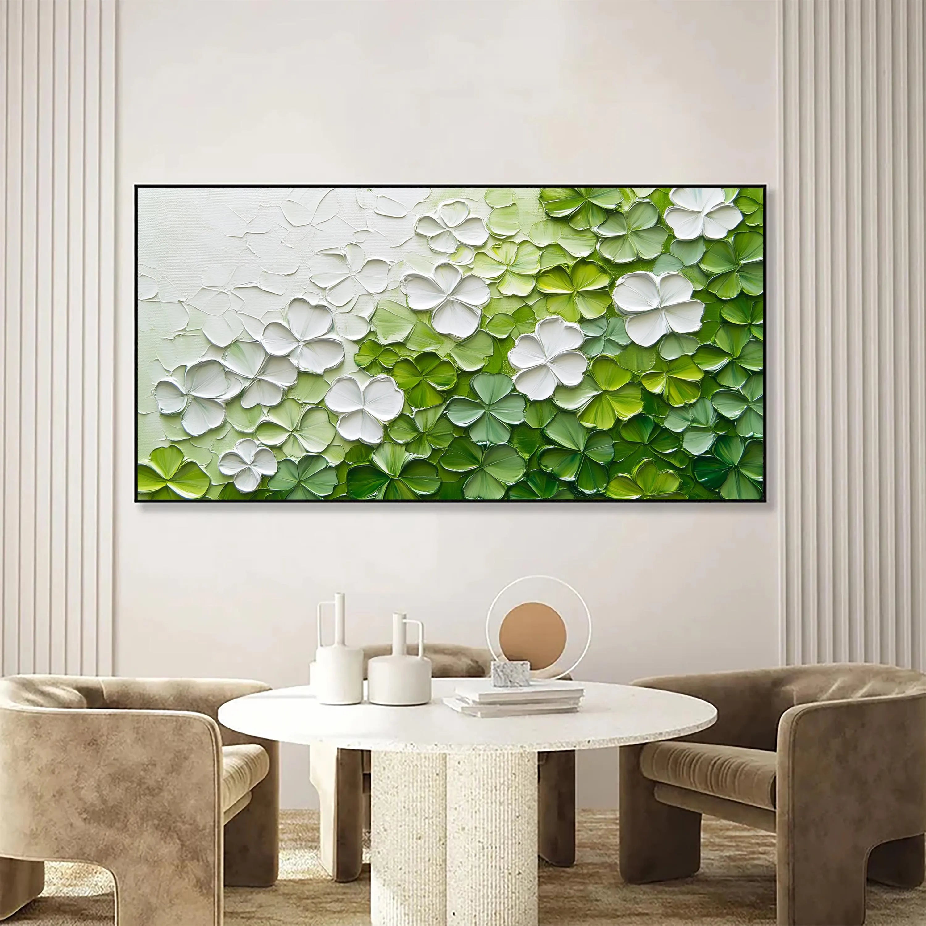 Lush Bloom – Modern White & Sage Green Relief Floral Painting | Tropical Botanical Bedroom & Dining Room Art