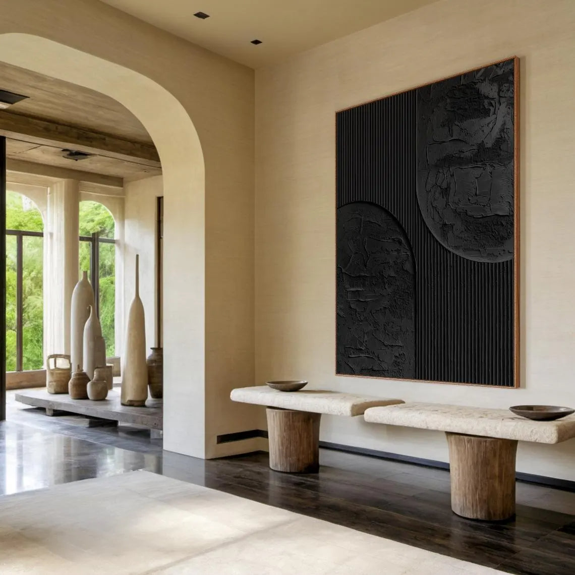 Midnight Silence – Hand-Painted Pure Black Plaster Effect Geometric Relief Wabi-Sabi Painting | Japandi Wabi-Sabi Living Room & Bedroom Art