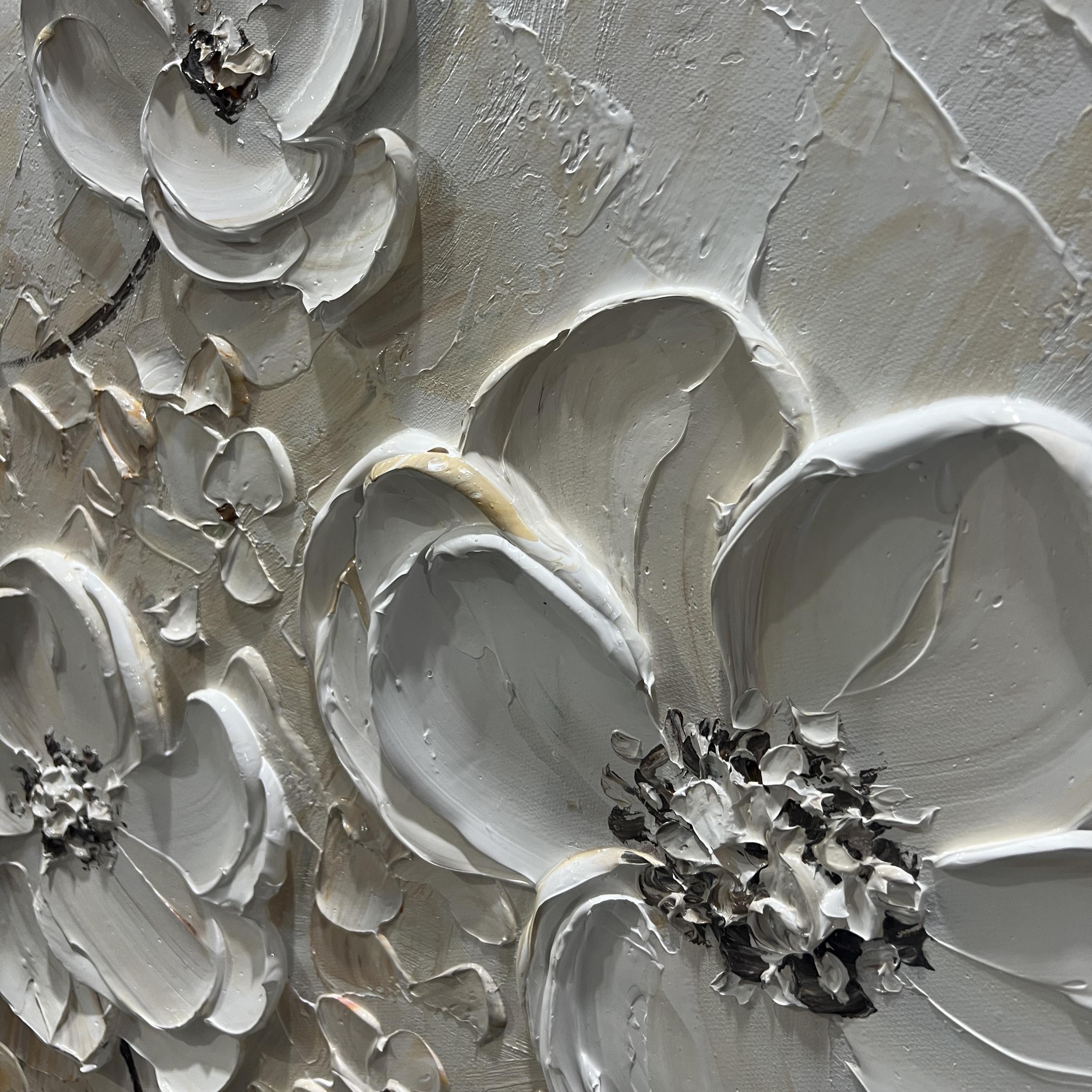 Ivory Bloom – Hand-Painted Creamy Beige Floral Plaster Relief Floral Painting | Soft Organic Botanical Bedroom & Living Room Art