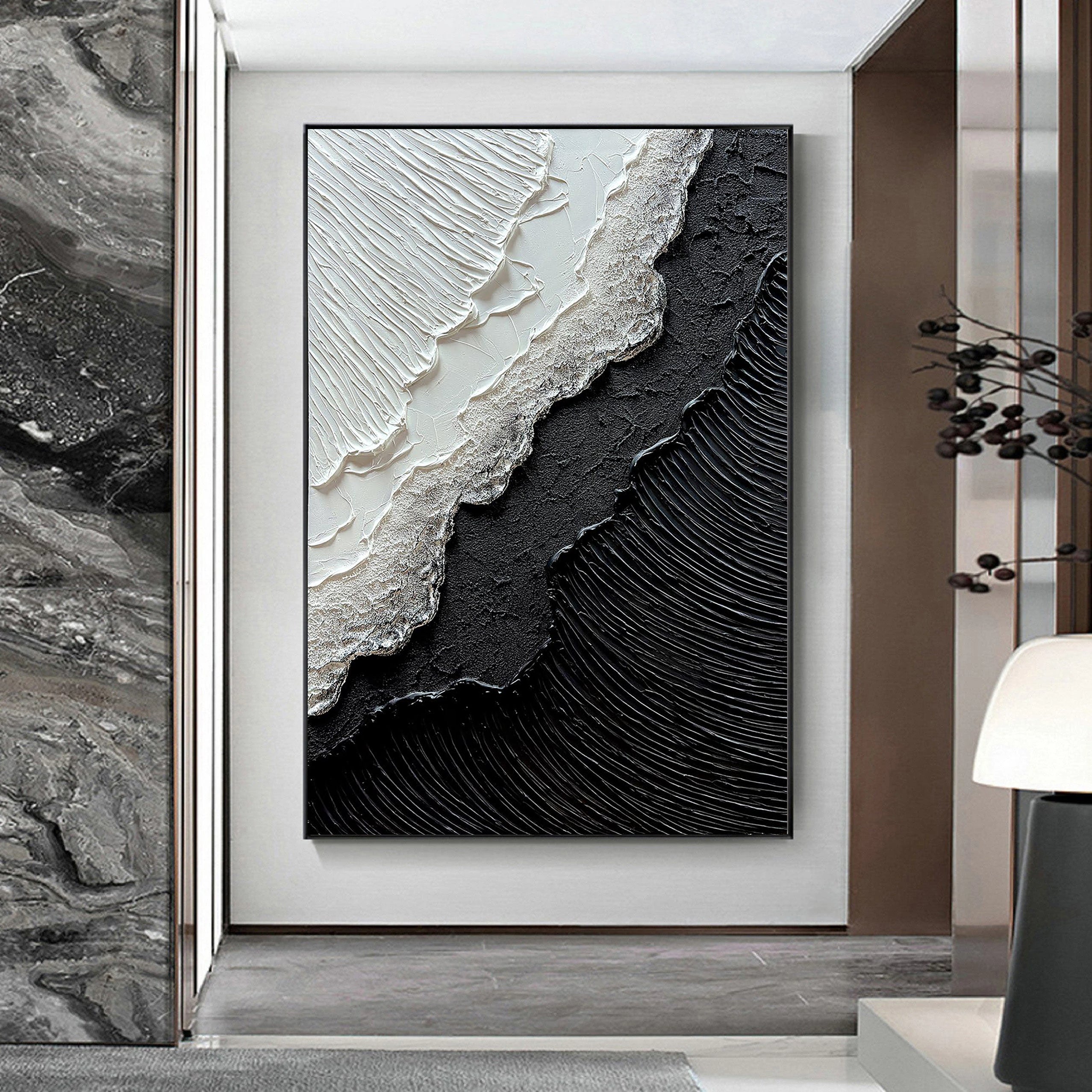 Onyx Split – Modern Black & White Plaster Relief Abstract Painting | Industrial Abstract Home Office & Living Room Art