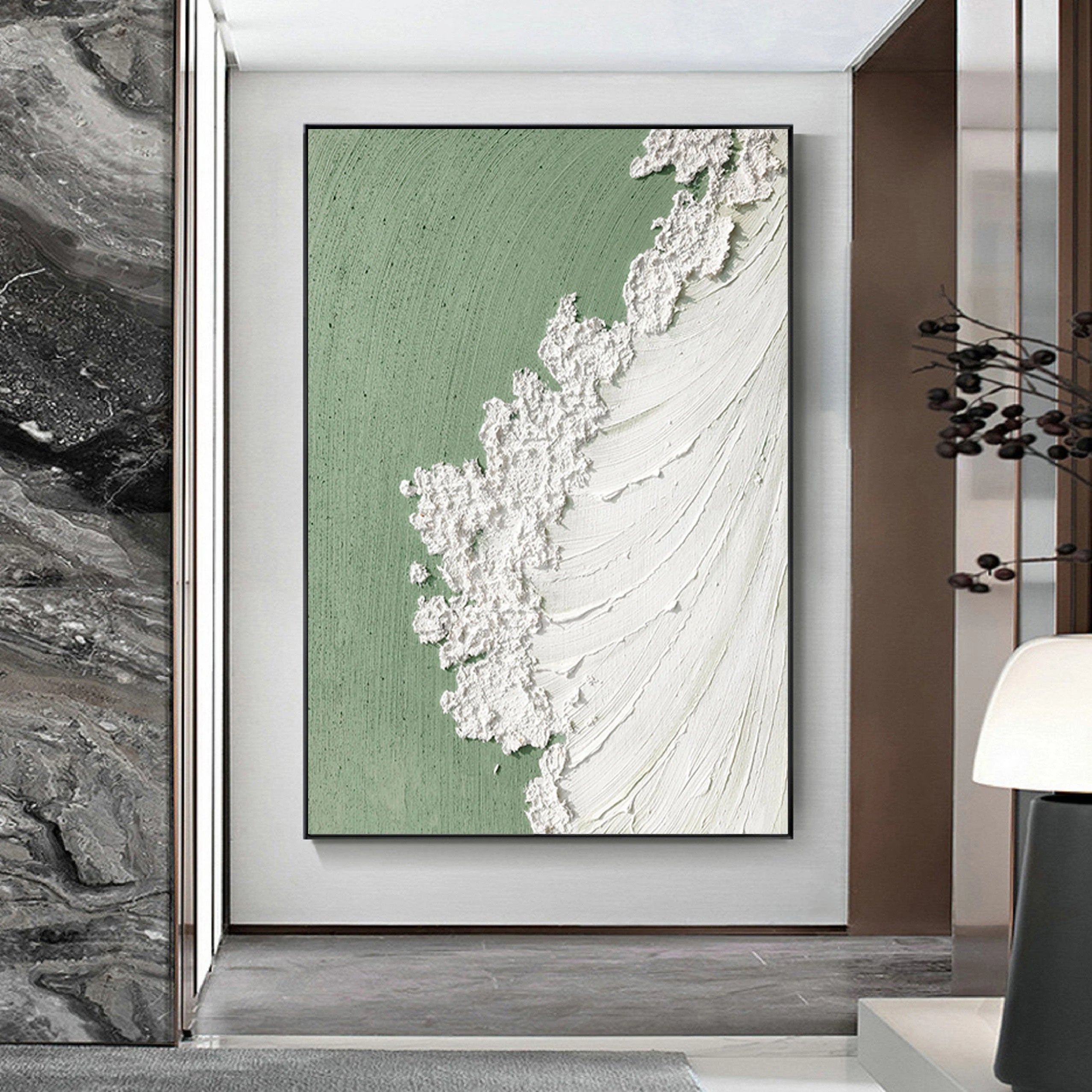 Sage Foam – Heavy Texture Ocean Wave Painting | Wabi-sabi Sage Green Abstract Hallway Art