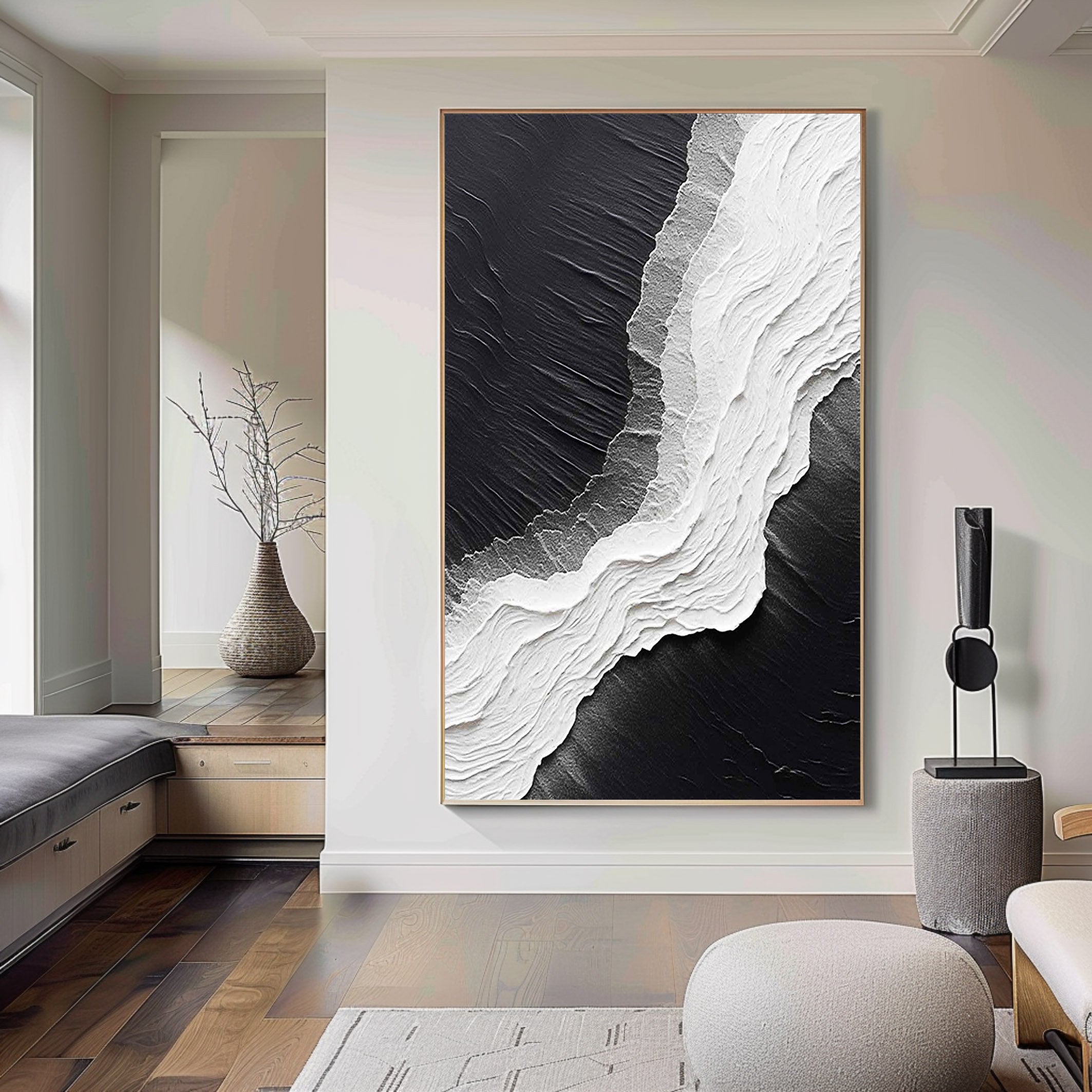 MONOCHROME RIDGE: Texture Wall Art, Hand-Painted Black and White 3D Plaster Relief Heavy Texture Studio Art