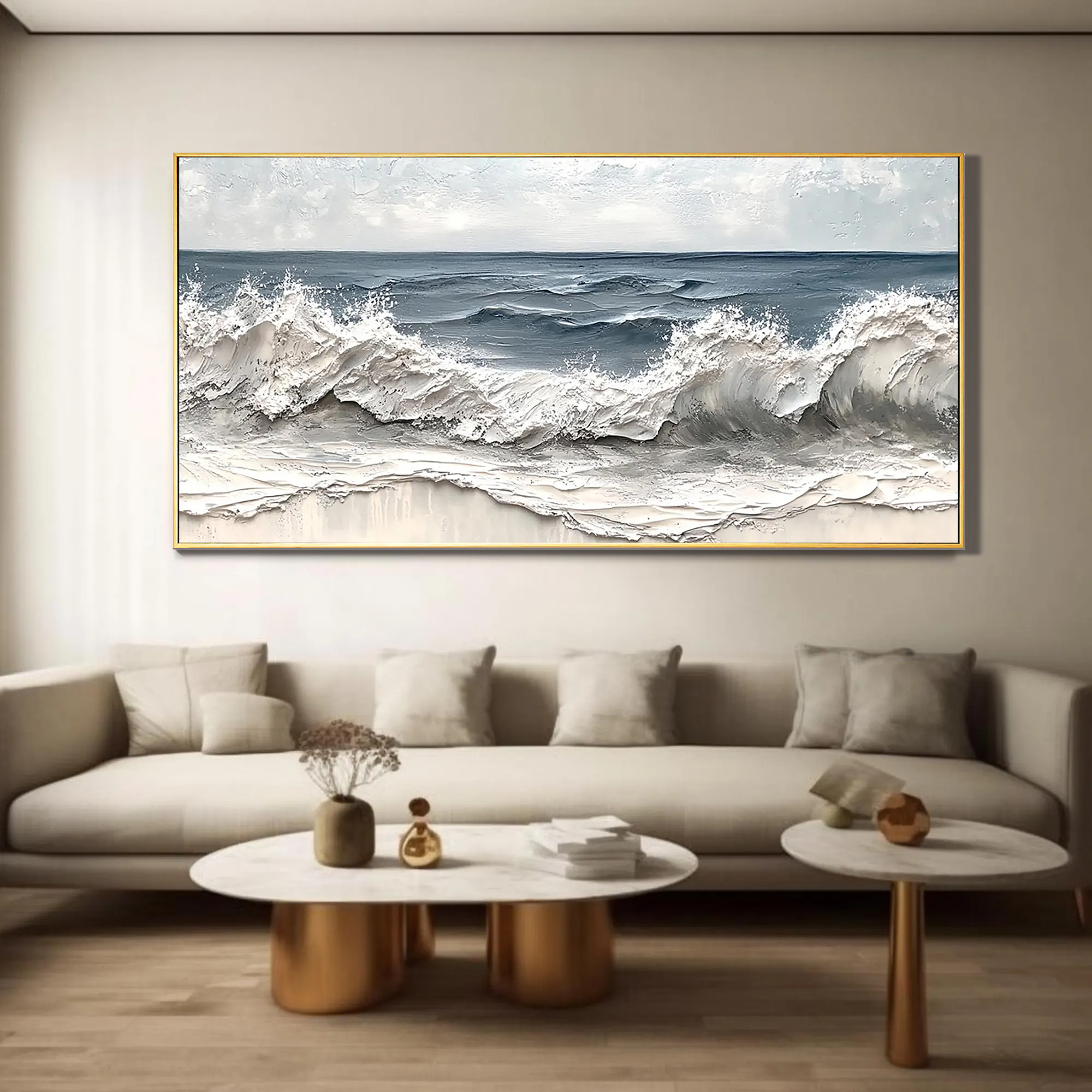 Deep Sea Echo – Modern Textured Painting | Creative Navy Blue Crashing Wave Living Room Decor