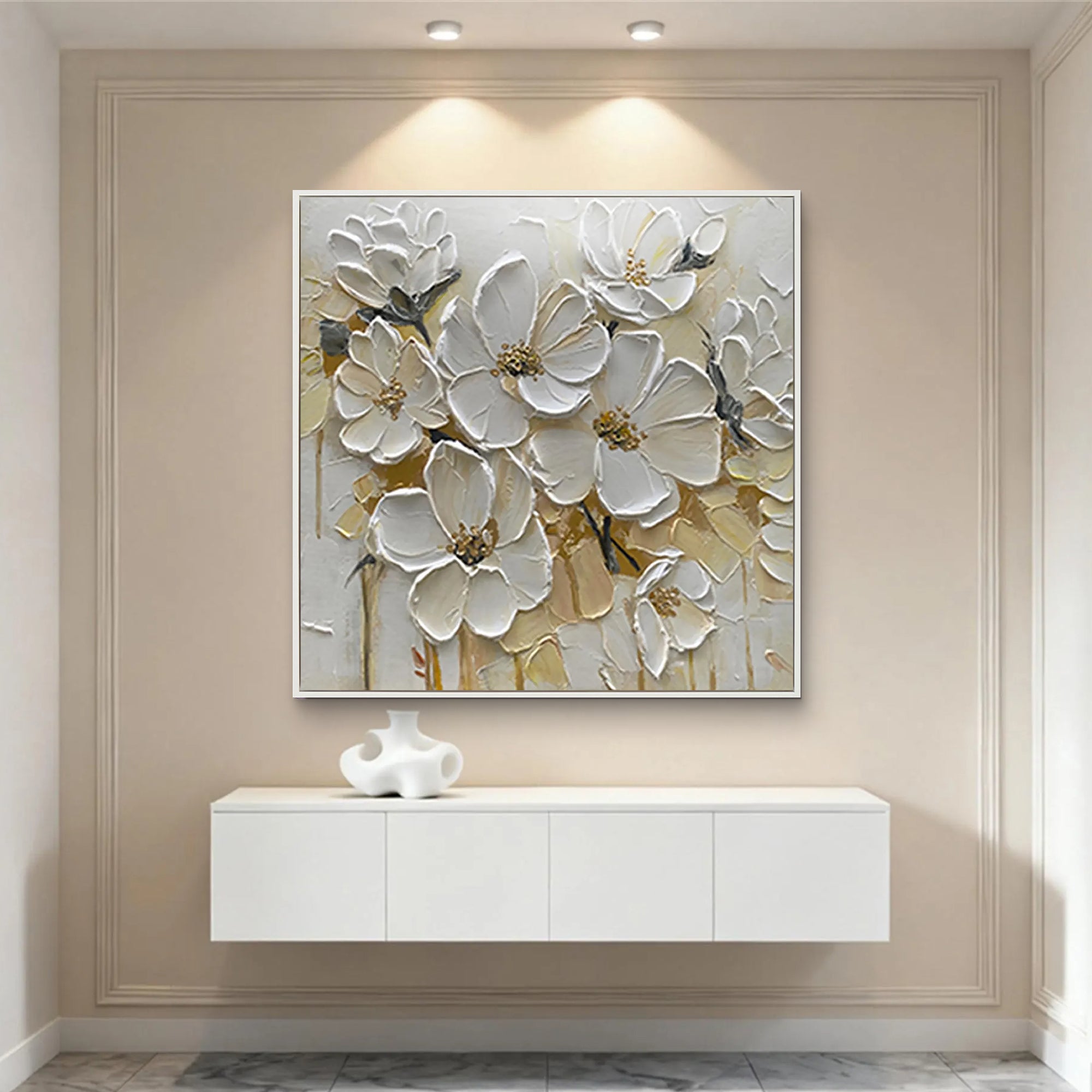 Creamy Bloom – White Petal Relief Floral Painting | Soft Organic Botanical Bedroom & Living Room Art