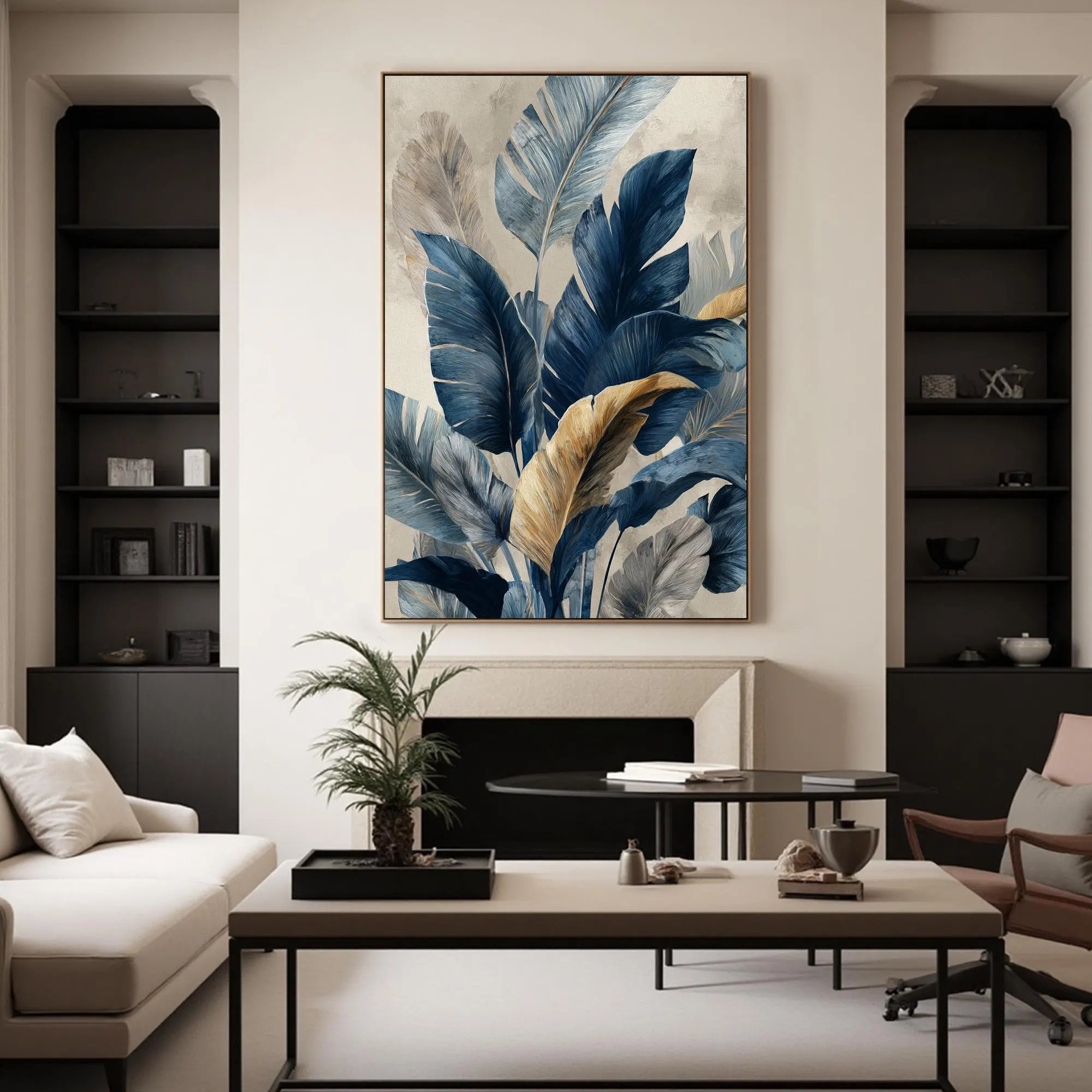 Midnight Jungle – Hand-Painted Navy Blue and Gold Foil Banana Leaf Floral Painting | Modern Luxury Botanical Bedroom & Living Room Art