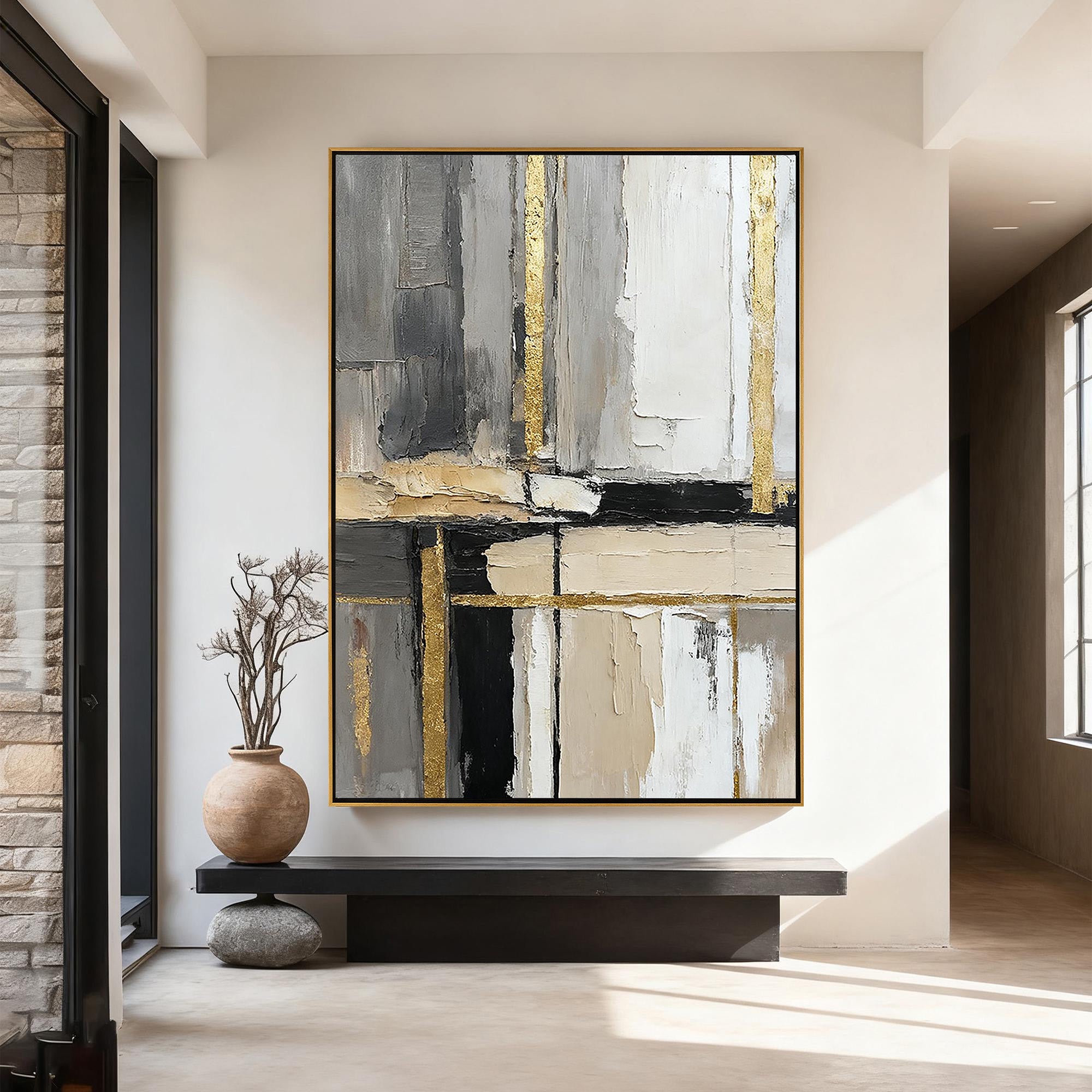 GOLDEN URBAN: Abstract Wall Art, Hand-Painted Minimalist Grey and Gold Foil Vertical Line 3D Textured Canvas Art