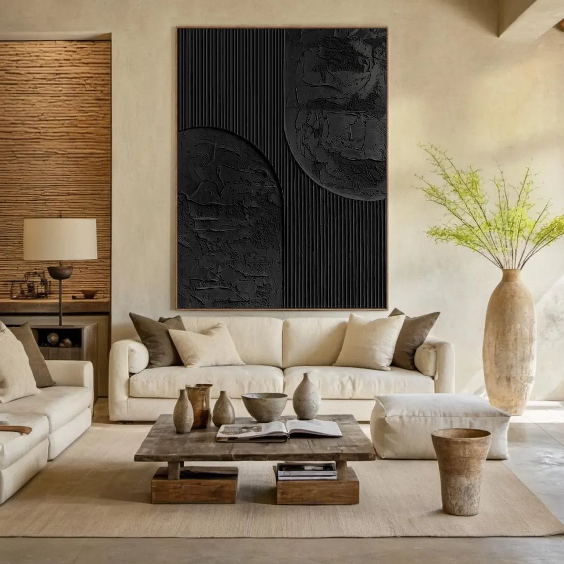 Midnight Silence – Hand-Painted Pure Black Plaster Effect Geometric Relief Wabi-Sabi Painting | Japandi Wabi-Sabi Living Room & Bedroom Art