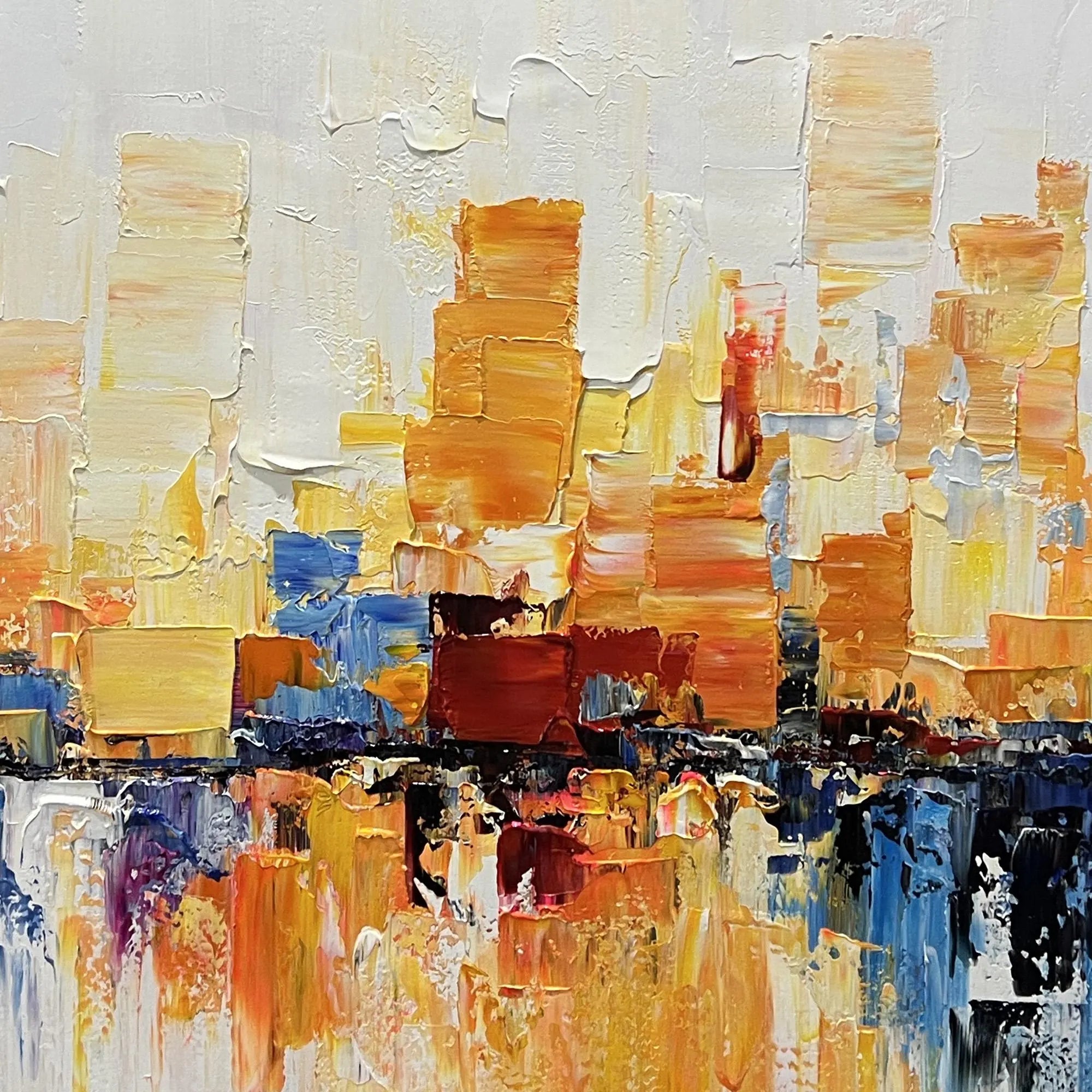 Dawn Metropolis – Modern Abstract Orange and Blue Impasto Cityscape Canvas | Vibrant Living Room Art