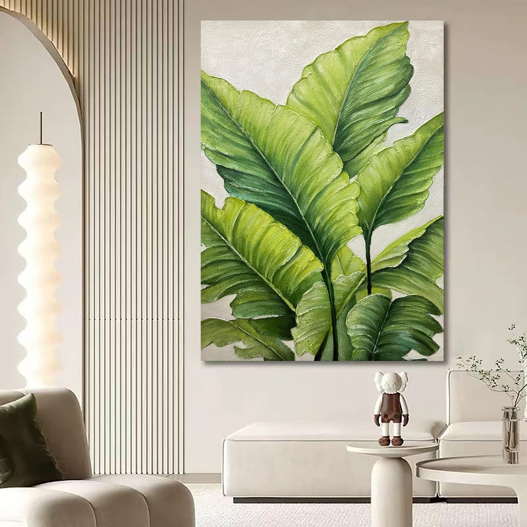 Emerald Breeze – Hand-Painted Emerald Green Tropical Leaf 3D Floral Painting | Tropical Botanical Bedroom & Dining Room Art