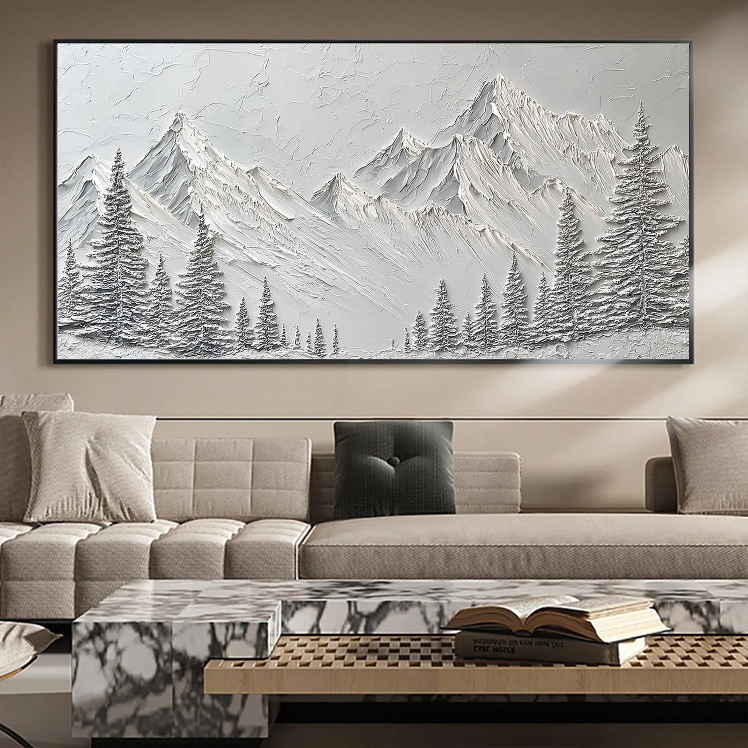 SNOW PEAK: Panoramic 3D Heavy Texture Mountain Wall Art, Modern White Pine & Peak Relief