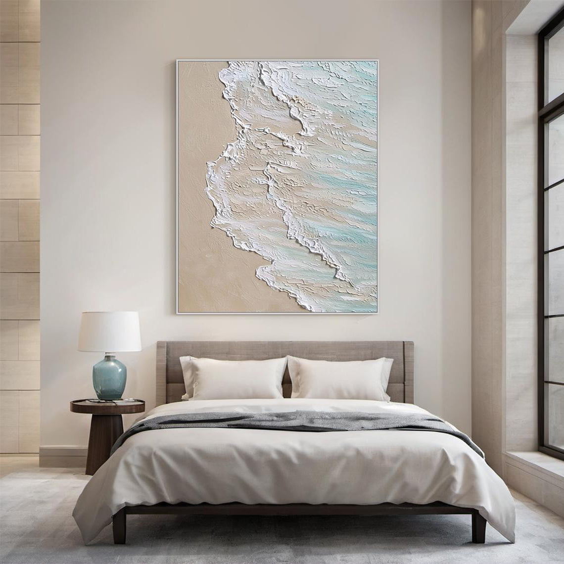 Shoreline Drift – Hand-Painted Ocean Wave Sea Foam 3D Relief Seascape Painting | Coastal Modern Living Room & Bedroom Art