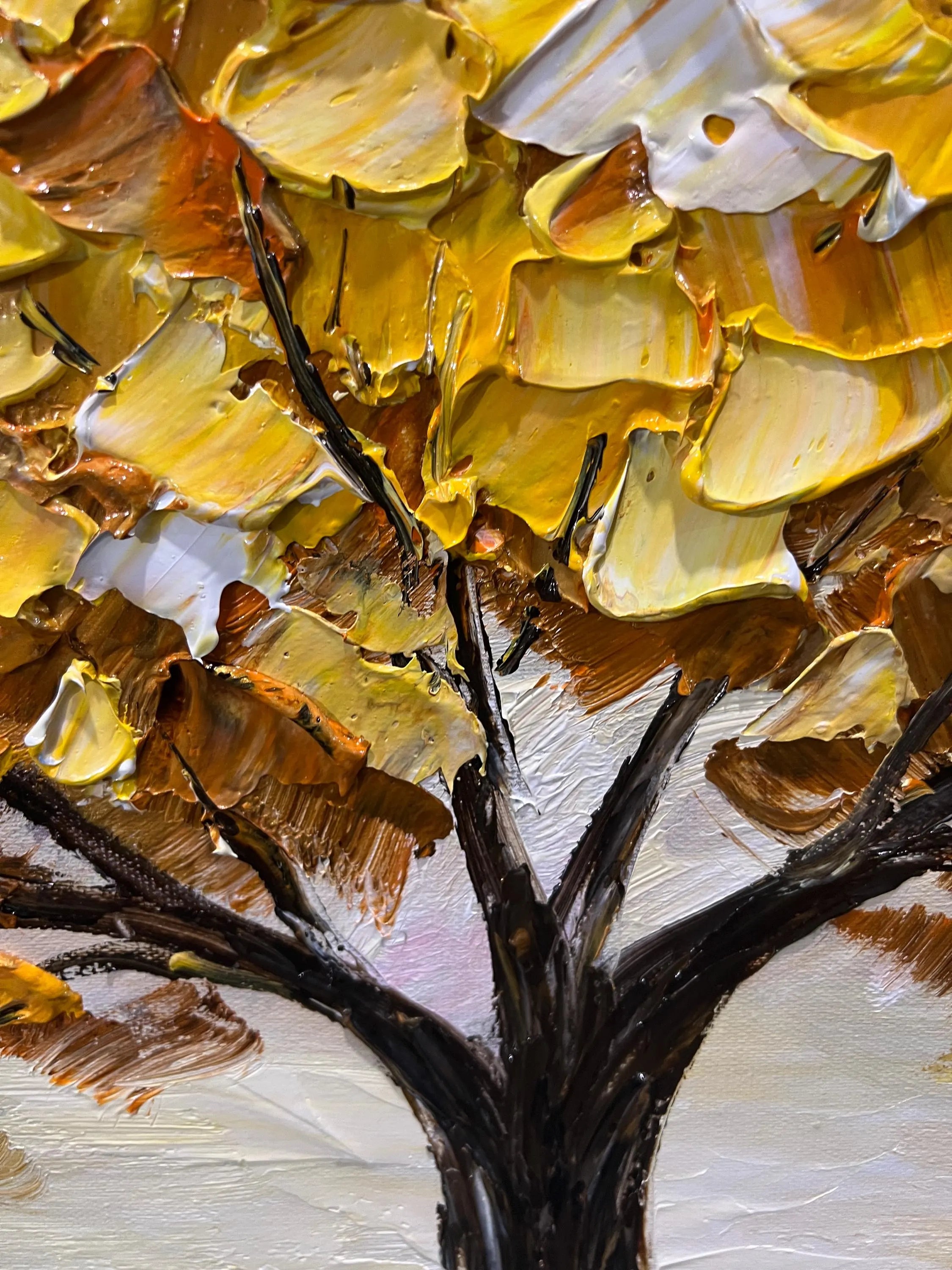 Golden Abundance – Hand-Painted Impasto Yellow Leaf Tree Painting | Modern Luxury Metallic Living Room & Hotel Art